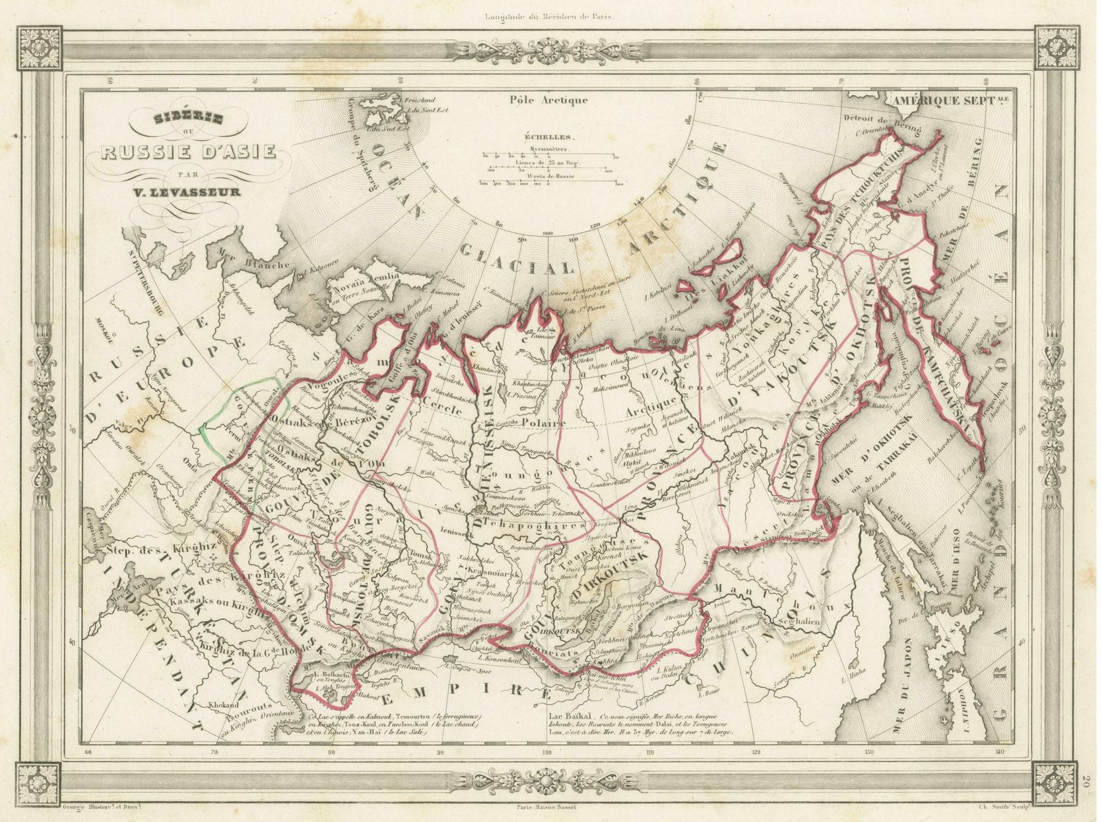 Antique Map Of Russia In Asia And Siberia, With Frame Style Border photo for sale
