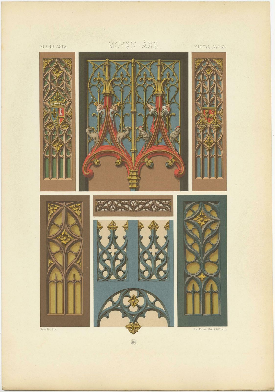Pl. 61 Antique Print Of Middle Ages Painted & Gilt Woodwork, Racinet, Circa 1890 photo for sale