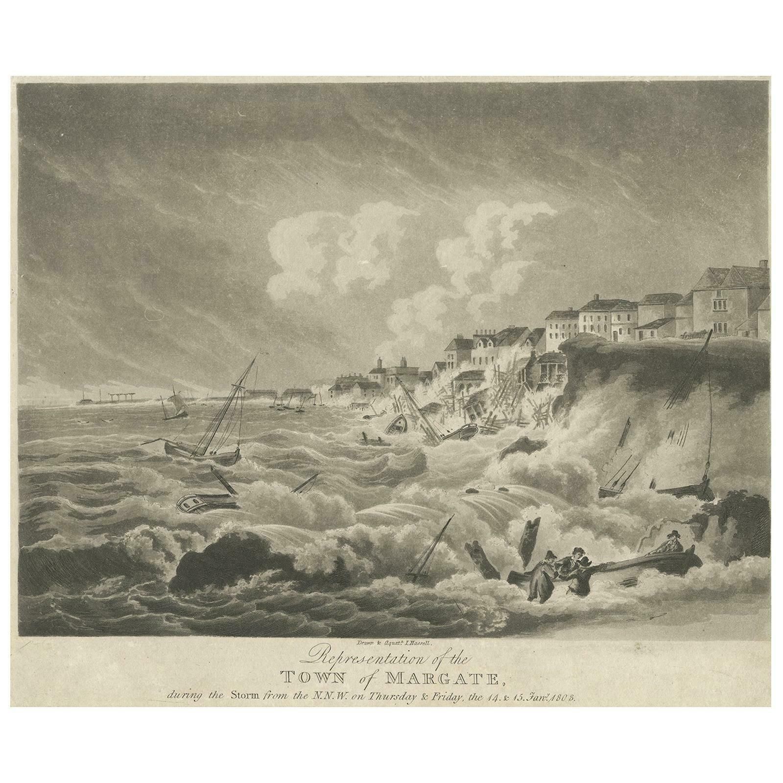 Antique Print Of Margate During The Storm By Hassell, Circa 1808