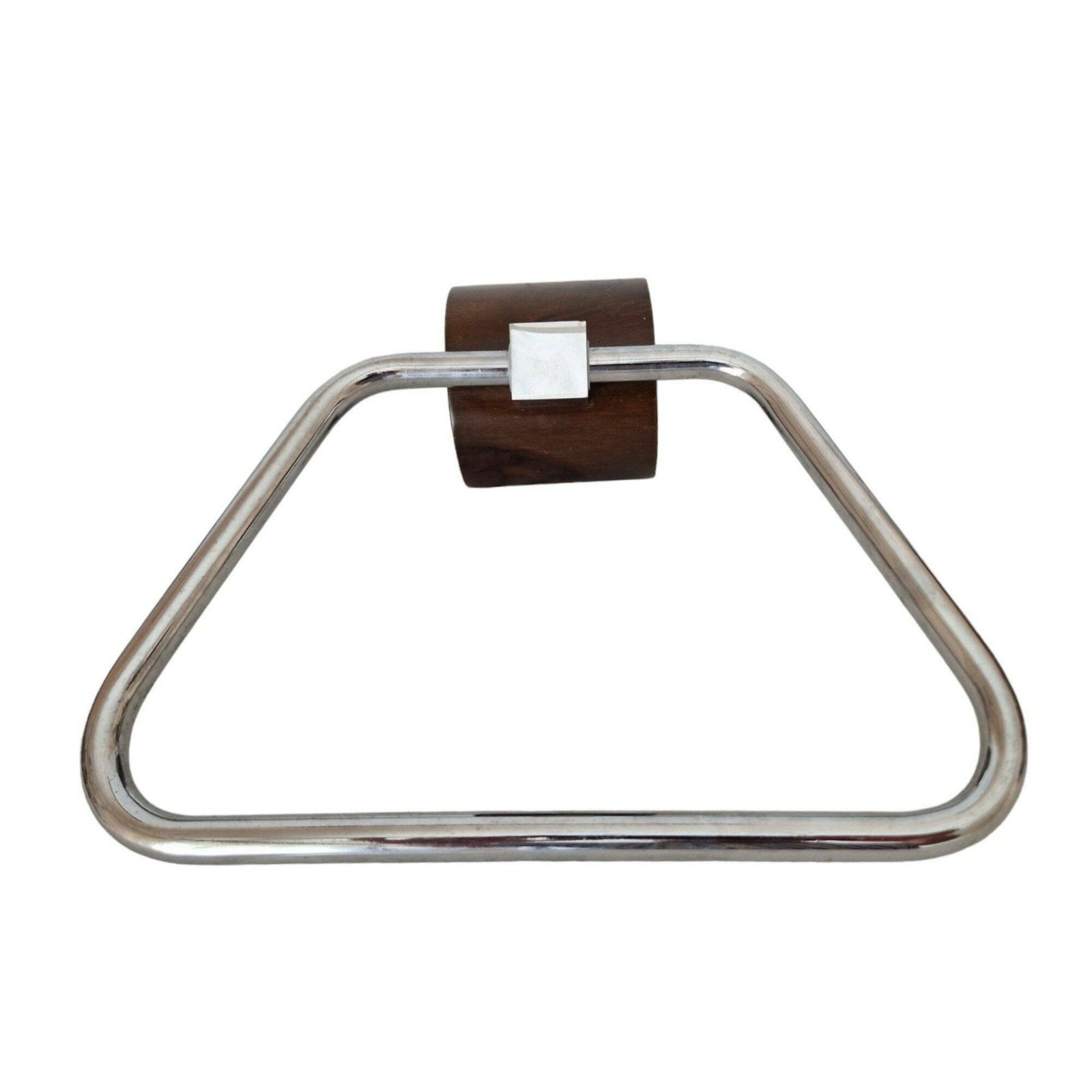1970s Chrome And Wood Towel Ring, Minimalist Bathroom Wall Decor
