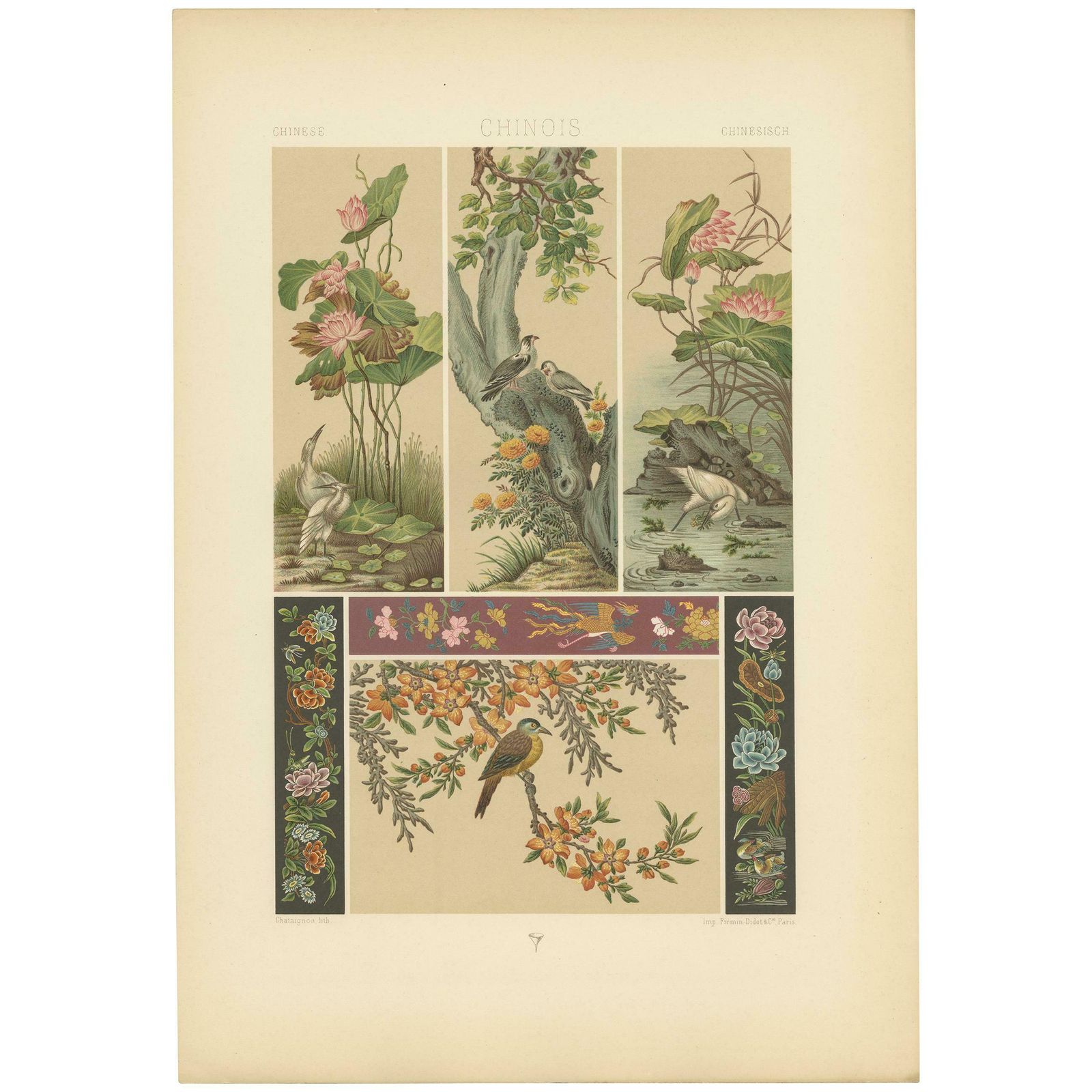 Pl. 9 Antique Print Of Chinese Paintings, Embroideries By Racinet, 'Circa 1890'