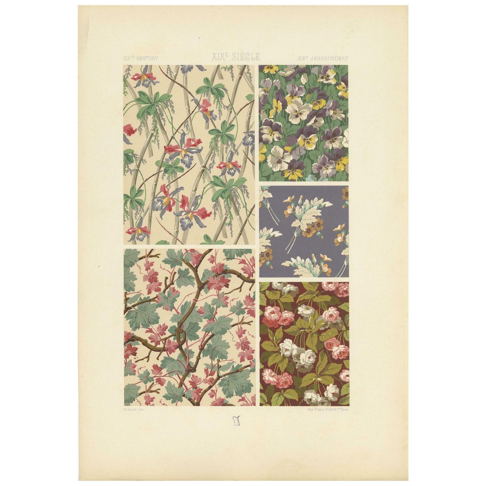 Pl. 119 Antique Print Of 19th Century Painted Fabrics By Racinet, Circa 1890