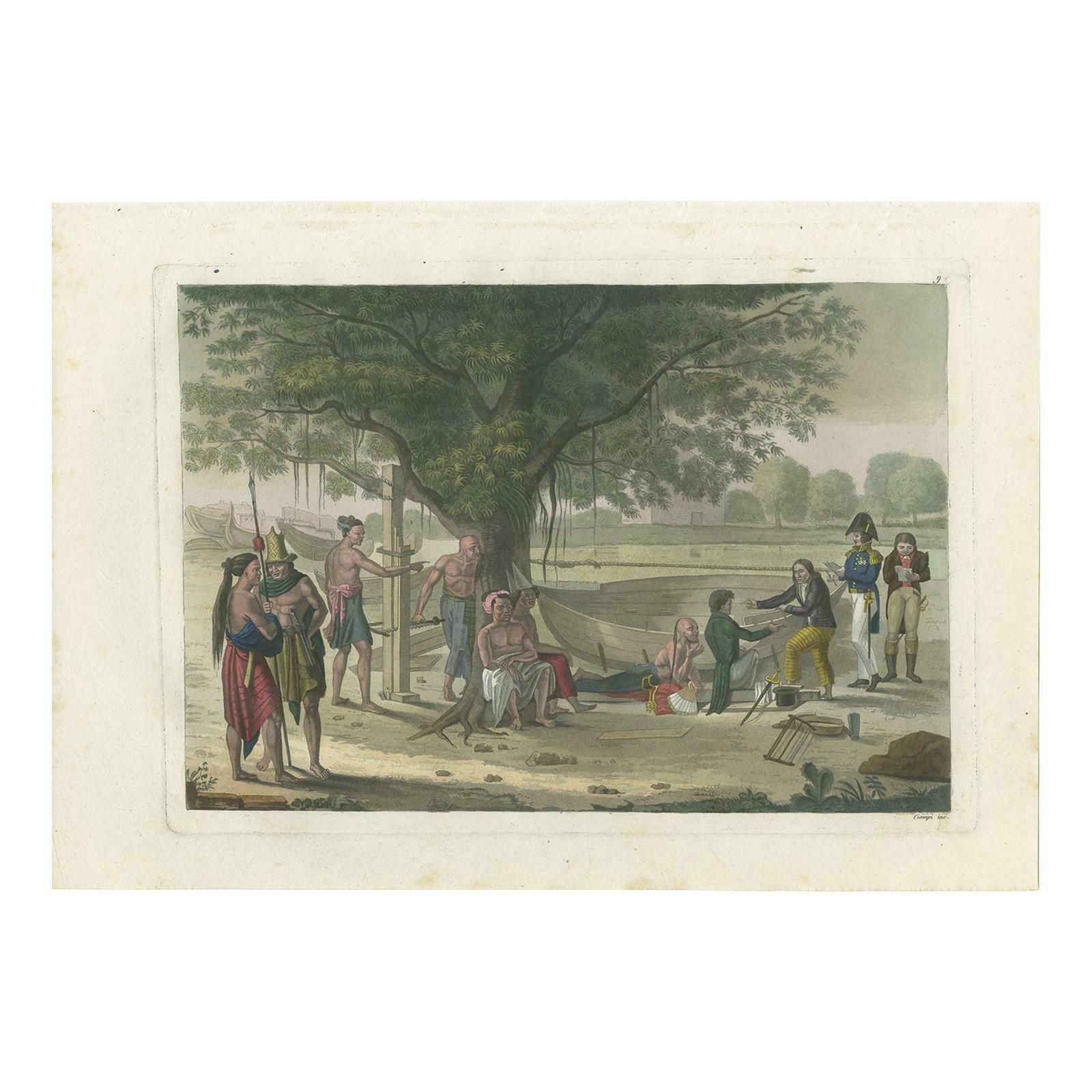 Antique Print Of A Construction Site On Timor Island By Ferrario '1831'