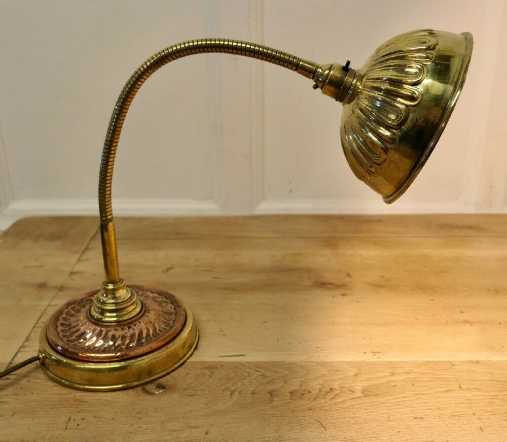 Unusual Art Deco Bankers Desk Lamp, In Copper And Brass
