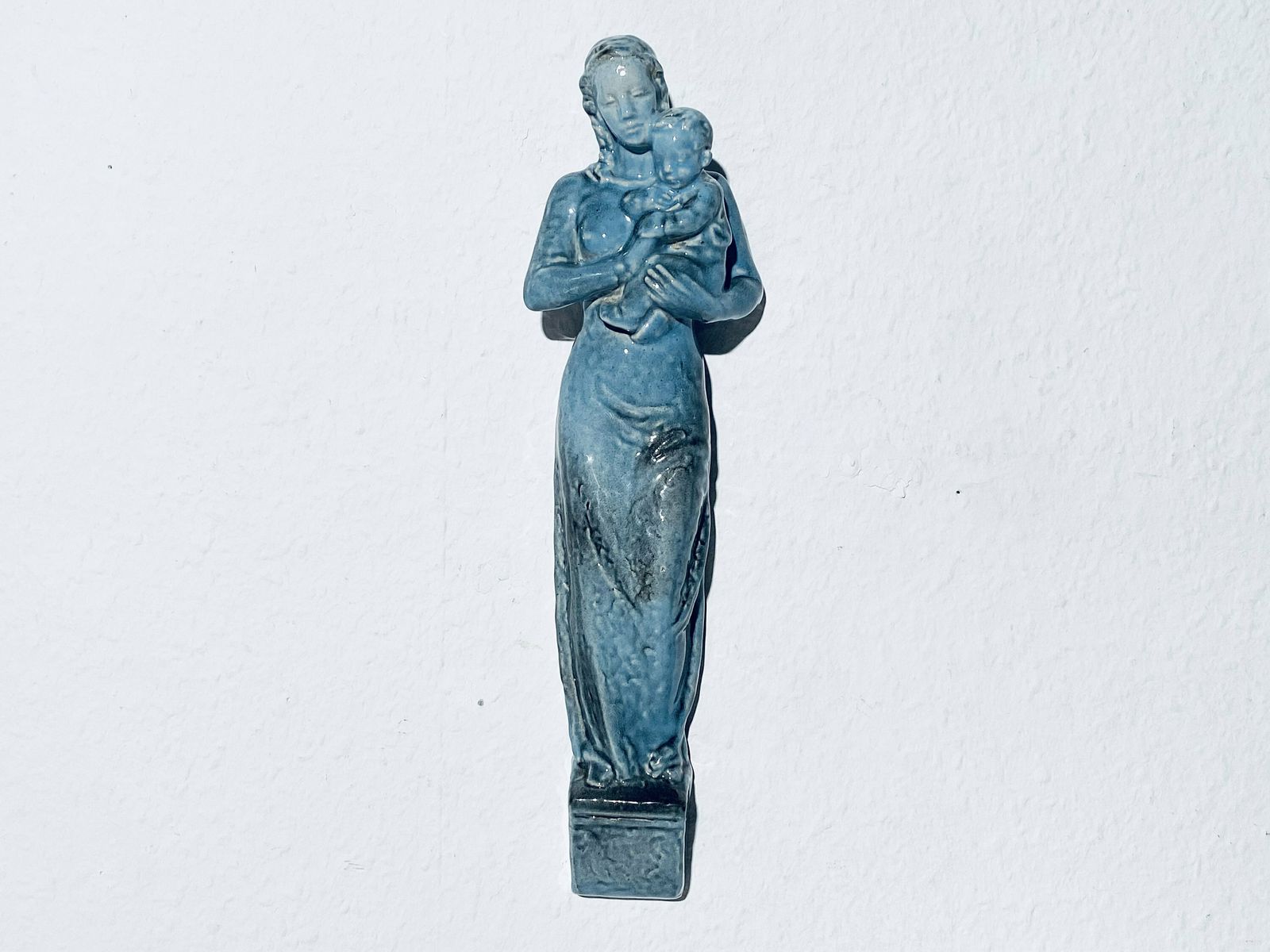 Rare Art Deco Blue Bunzlauer Mother Mary Wesenberg Ludwigsburg Ceramic Wall Hanging / 1920s Religious Art Decor