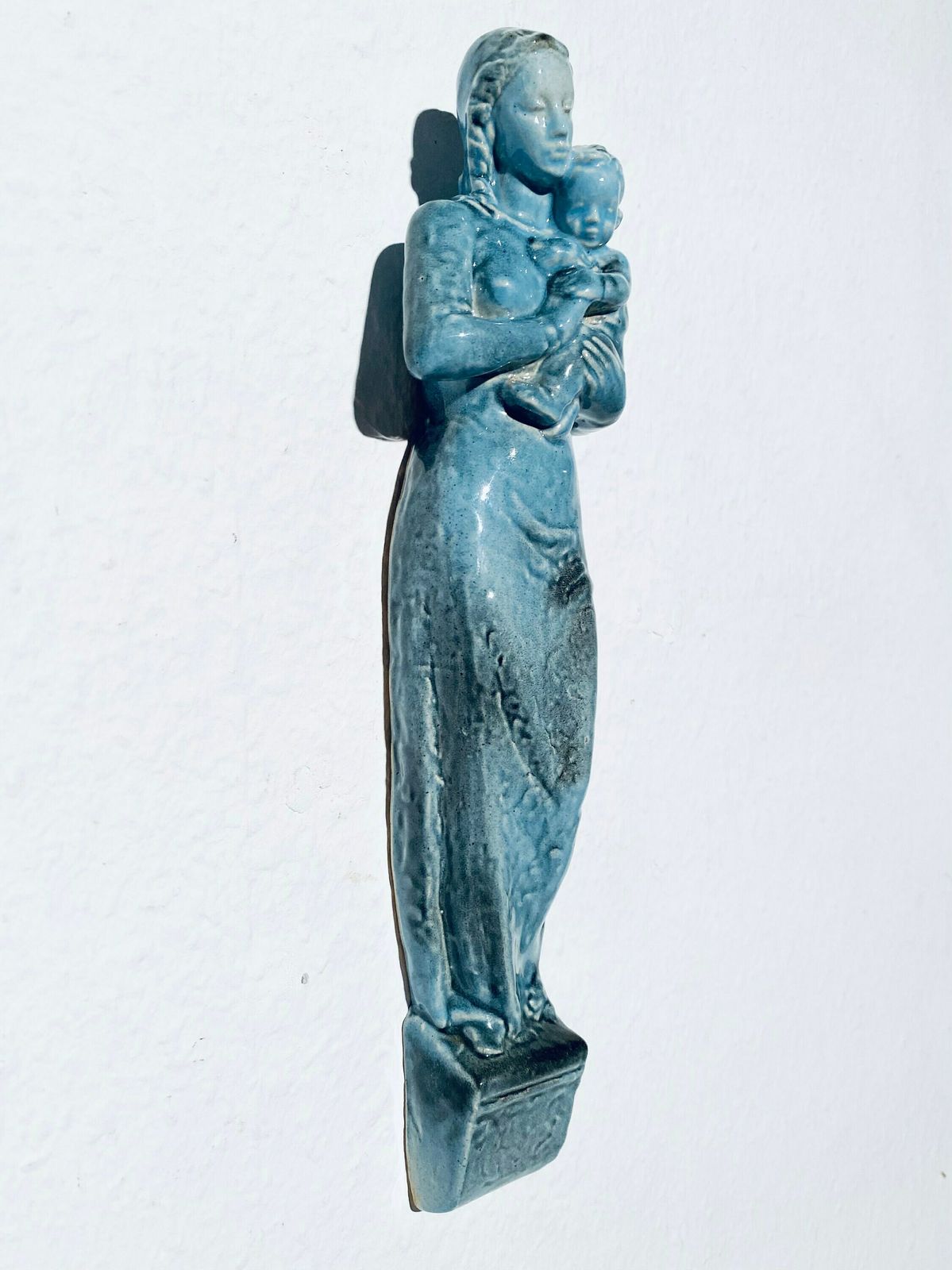 Rare Art Deco Blue Bunzlauer Mother Mary Wesenberg Ludwigsburg Ceramic Wall Hanging / 1920s Religious Art Decor photo furniture