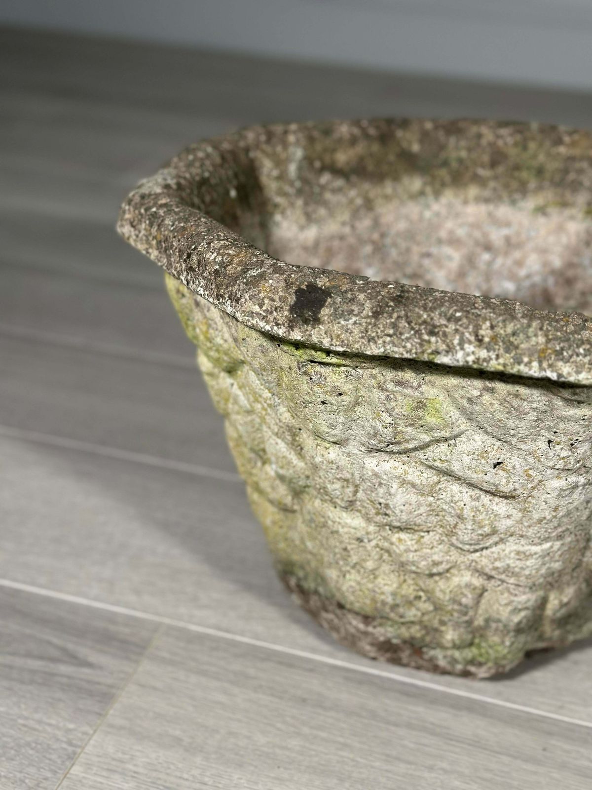 Pair Of Vintage Weathered Composite Stone Planters photo for sale