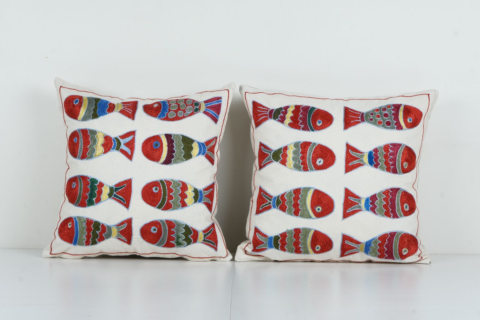 Suzani Animal Cushion Cover, Set Of Two Fish Embroidery Tribal House Decor   Pair Vintage Uzbek Pillow