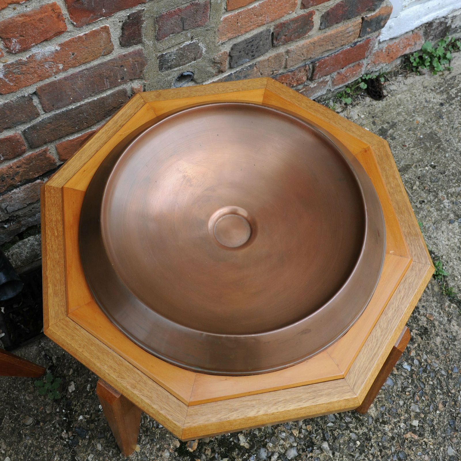 Unmatched Pair Of Octagonal Wooden Tables With Spun Copper Concave Tops, 1980s photo vinterior