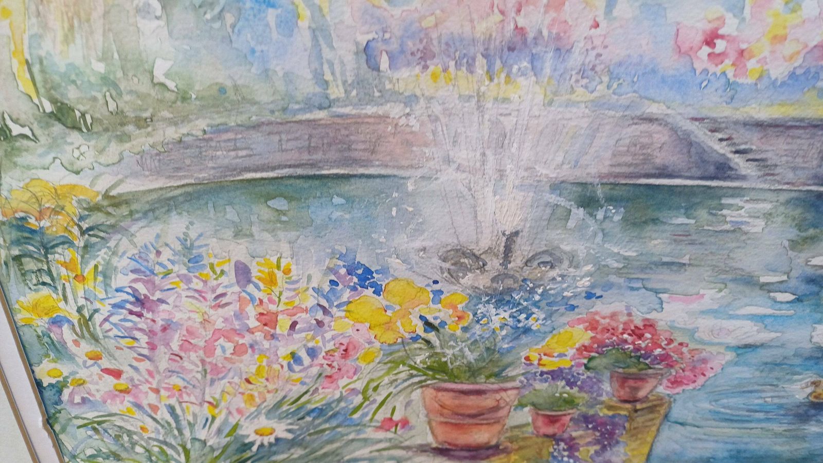 Wonderful Large Original Water Colour, Water Colour Painting Of Images Of Dianas Garden Copinger Hall, By Samantha Jill D Howard, Pond photo buy