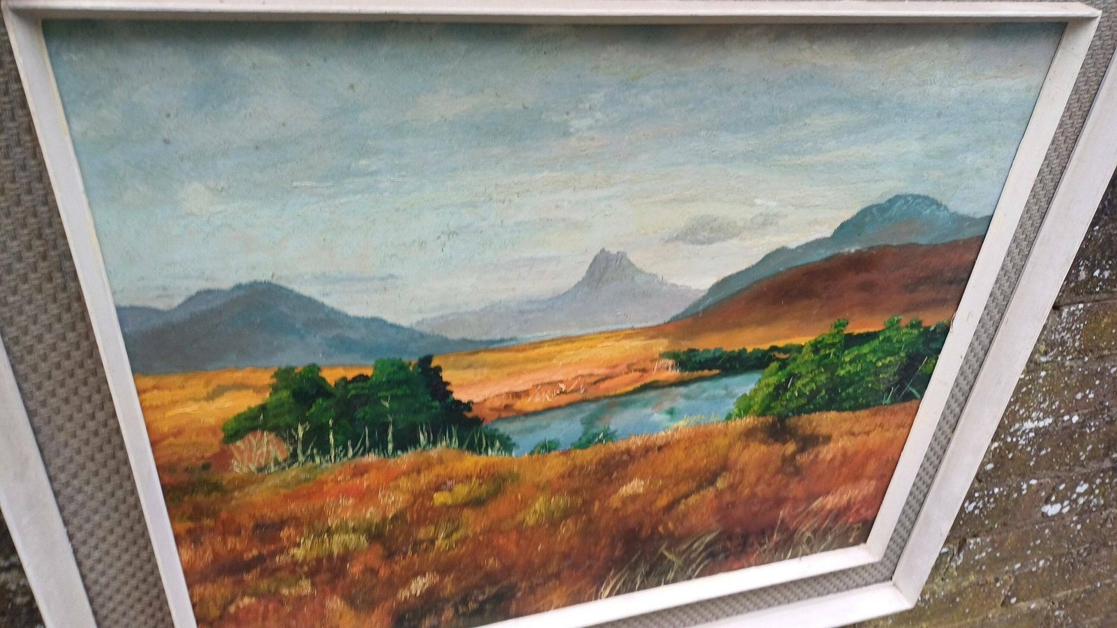 Original Vintage Oil Painting Of A Landscape, Framed In Wonderful Retro Material Mounted Vintage Frame   Large photo for sale