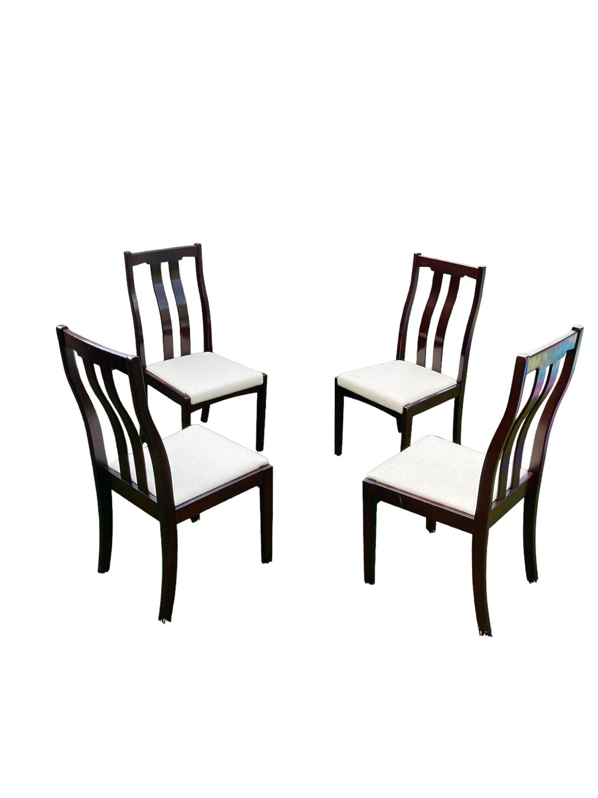 A Set Of Four Mid Century Meredew Dining Chairs, Deep Mahogany With Cream Paris Boucle photo furniture