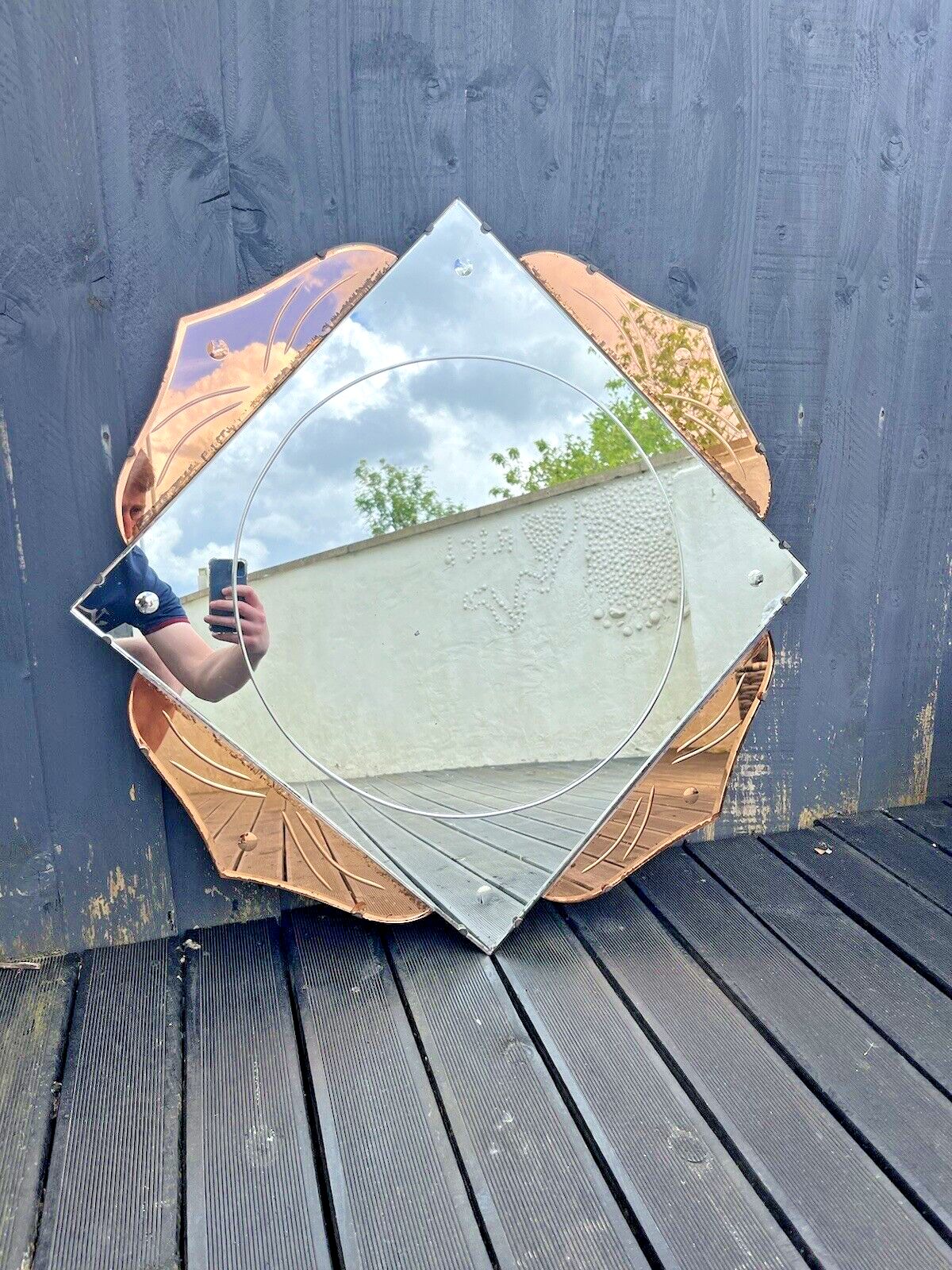Huge 28" Beautiful 1930's Art Deco Flower Shaped Over Mantel Mirror Copper Peach photo for sale