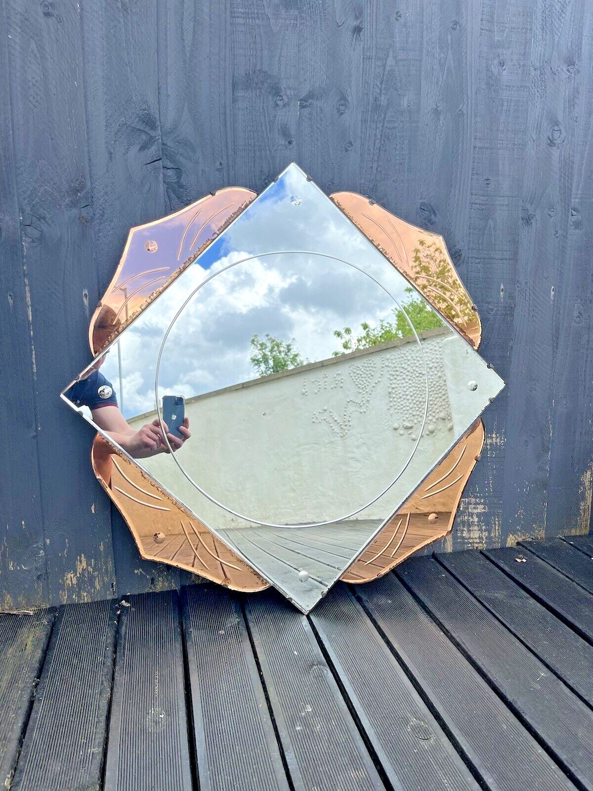 Huge 28" Beautiful 1930's Art Deco Flower Shaped Over Mantel Mirror Copper Peach photo Home Decor
