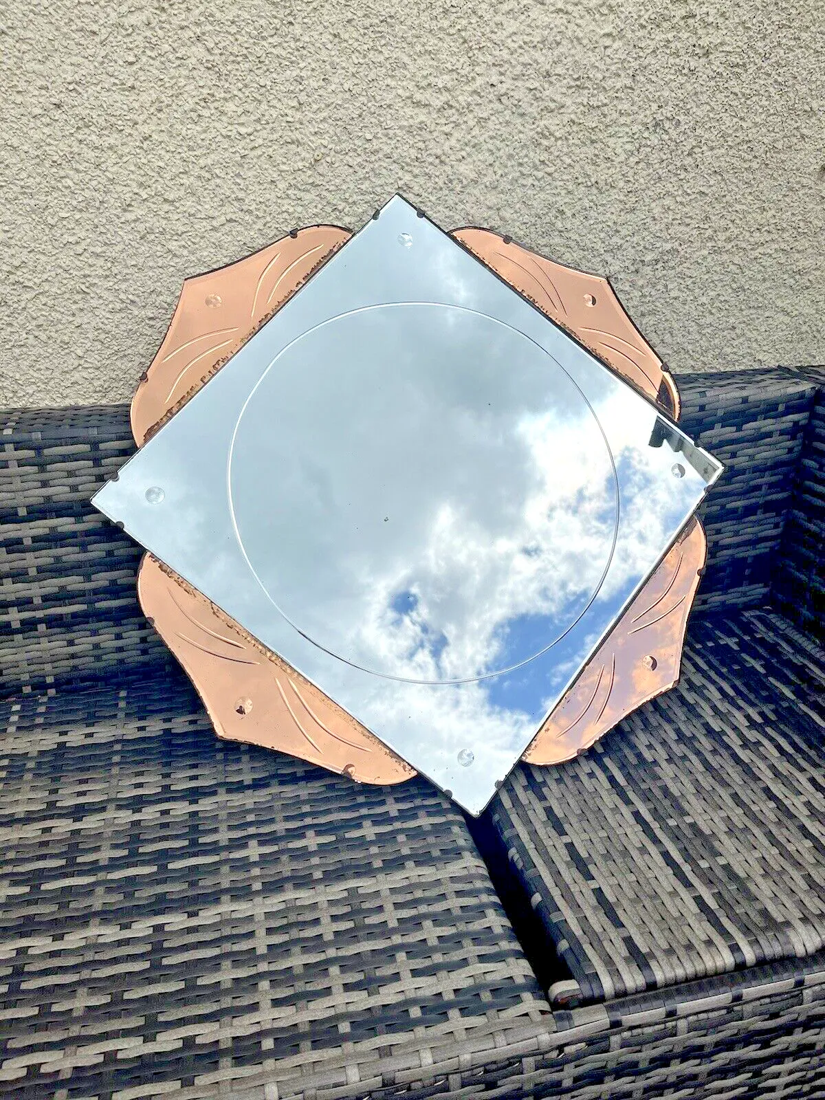 575.0 Huge 28" Beautiful 1930's Art Deco Flower Shaped Over Mantel Mirror Copper Peach photo