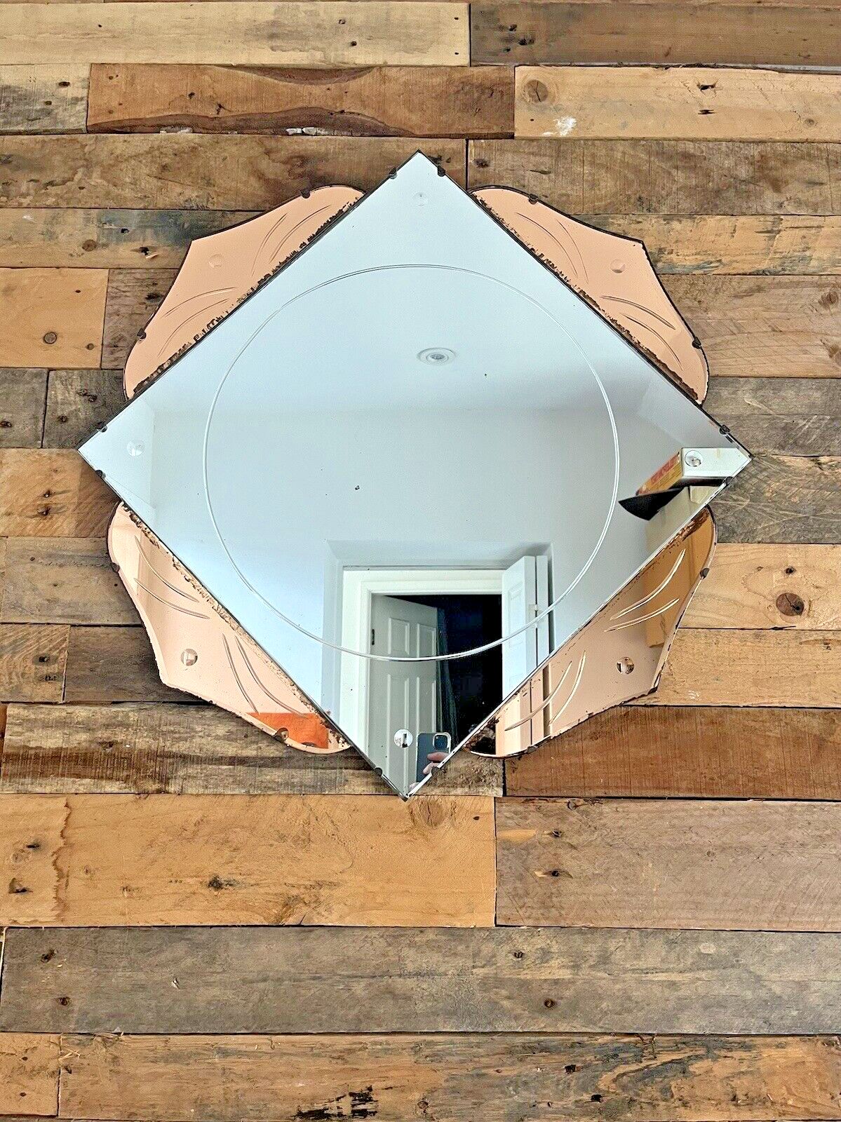 photo vinterior Huge 28" Beautiful 1930's Art Deco Flower Shaped Over Mantel Mirror Copper Peach