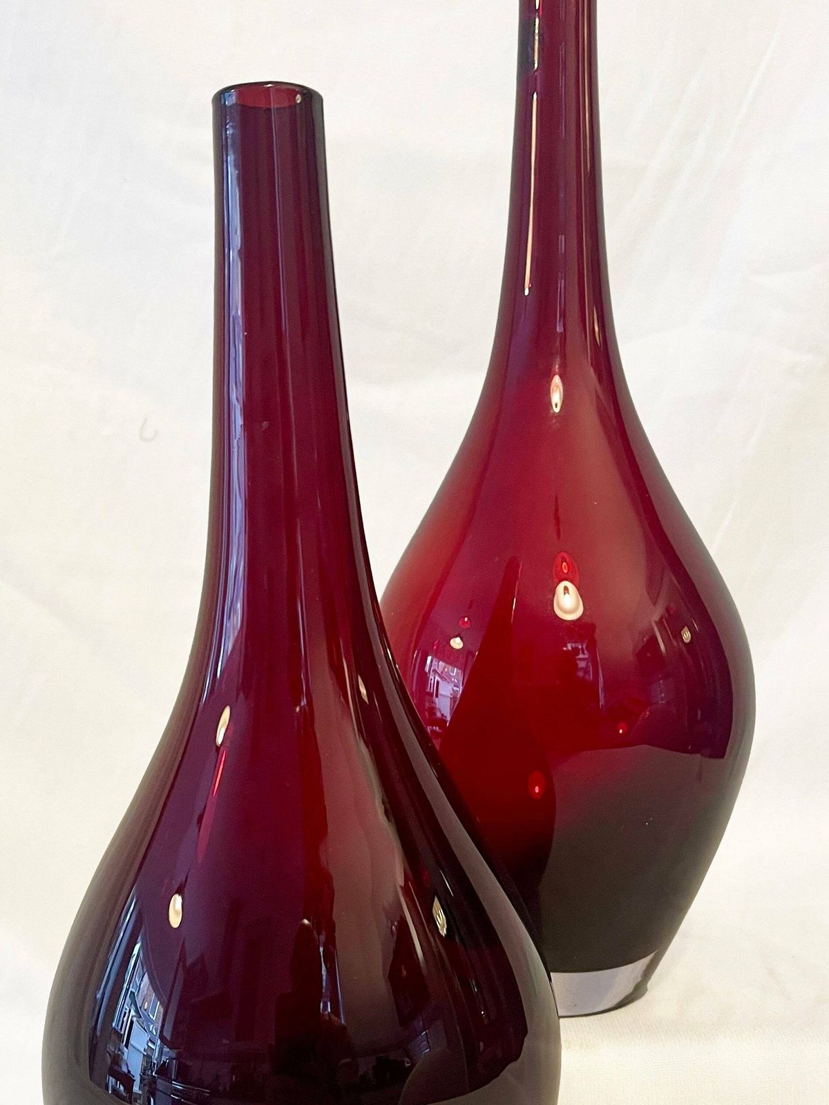 Two Iconic Vintage Ikea Hand Blown Modernist Ruby Red Salong Glass Bud / Art Glass Vase.