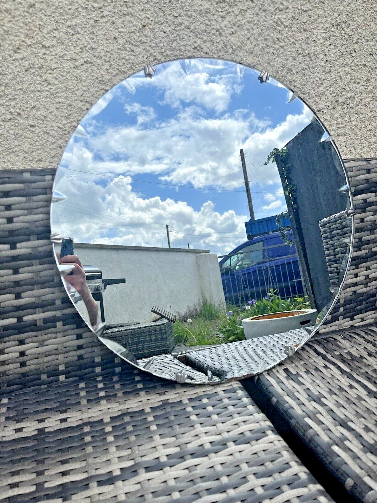 Antique Art Deco Period 30's Round Scallop Shell Faceted Edge Wall Mirror G.U.S. photo vinterior