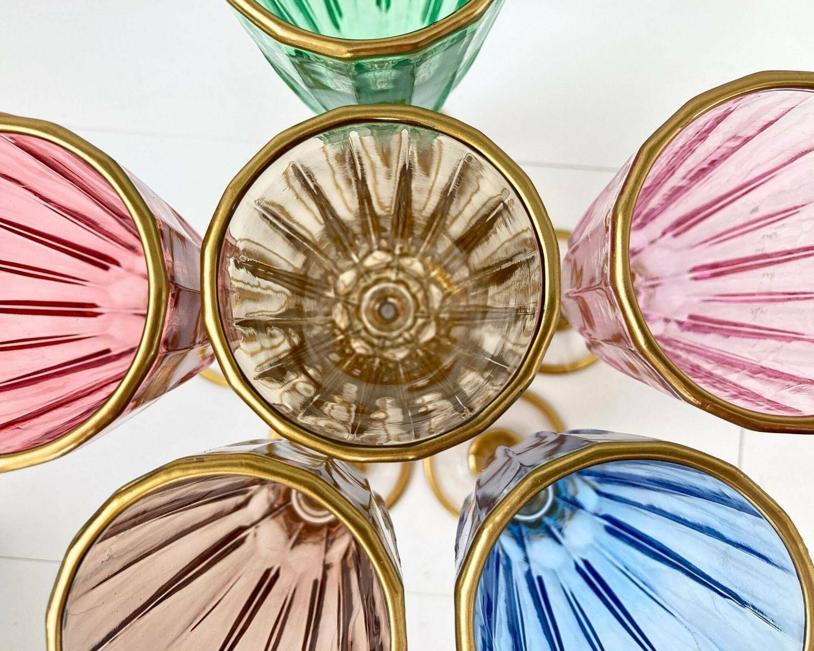 Large Italian Champagne Glasses | 6pcs | Gold Stem And Multi Color photo vinterior