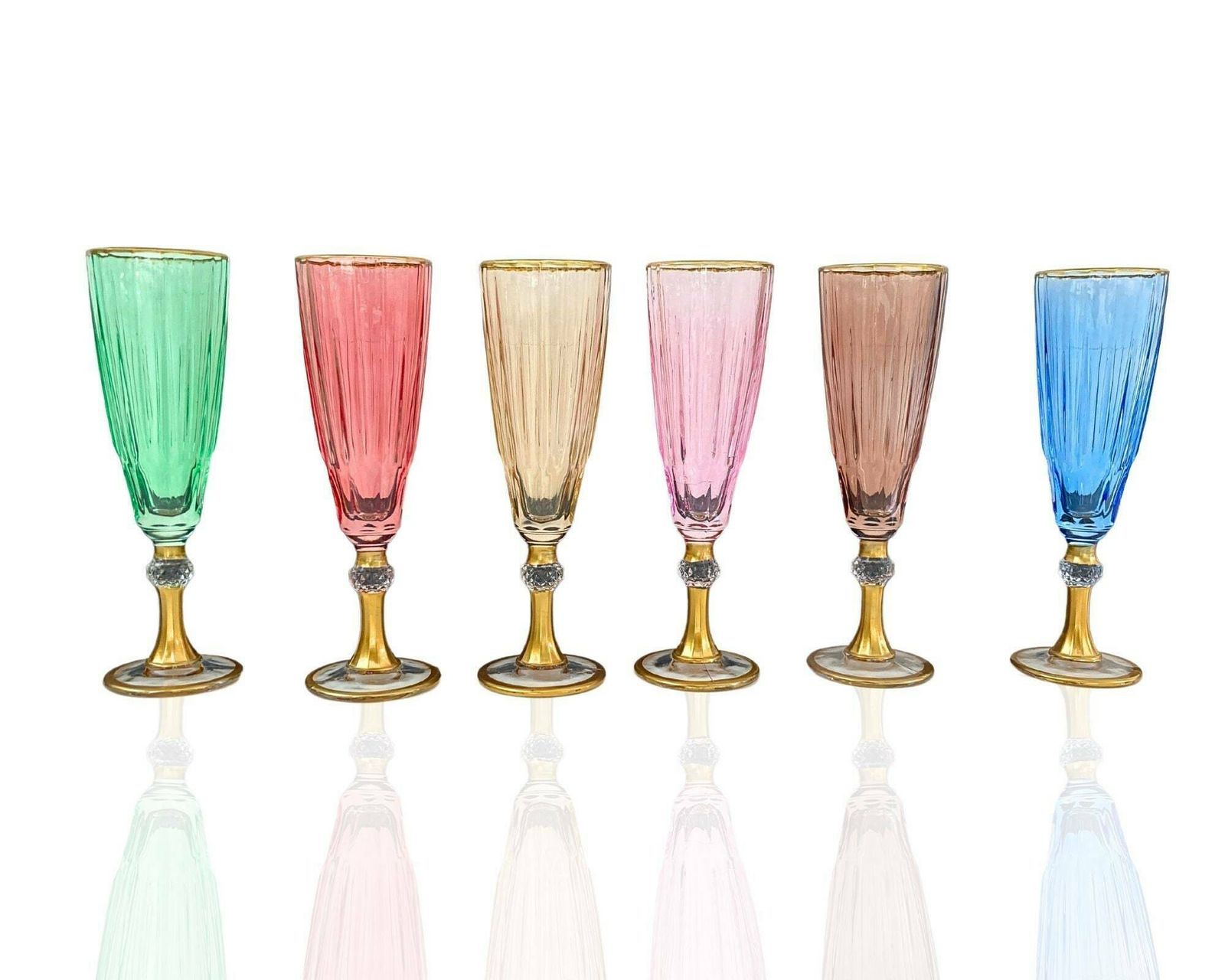 Large Italian Champagne Glasses | 6pcs | Gold Stem And Multi Color photo buy
