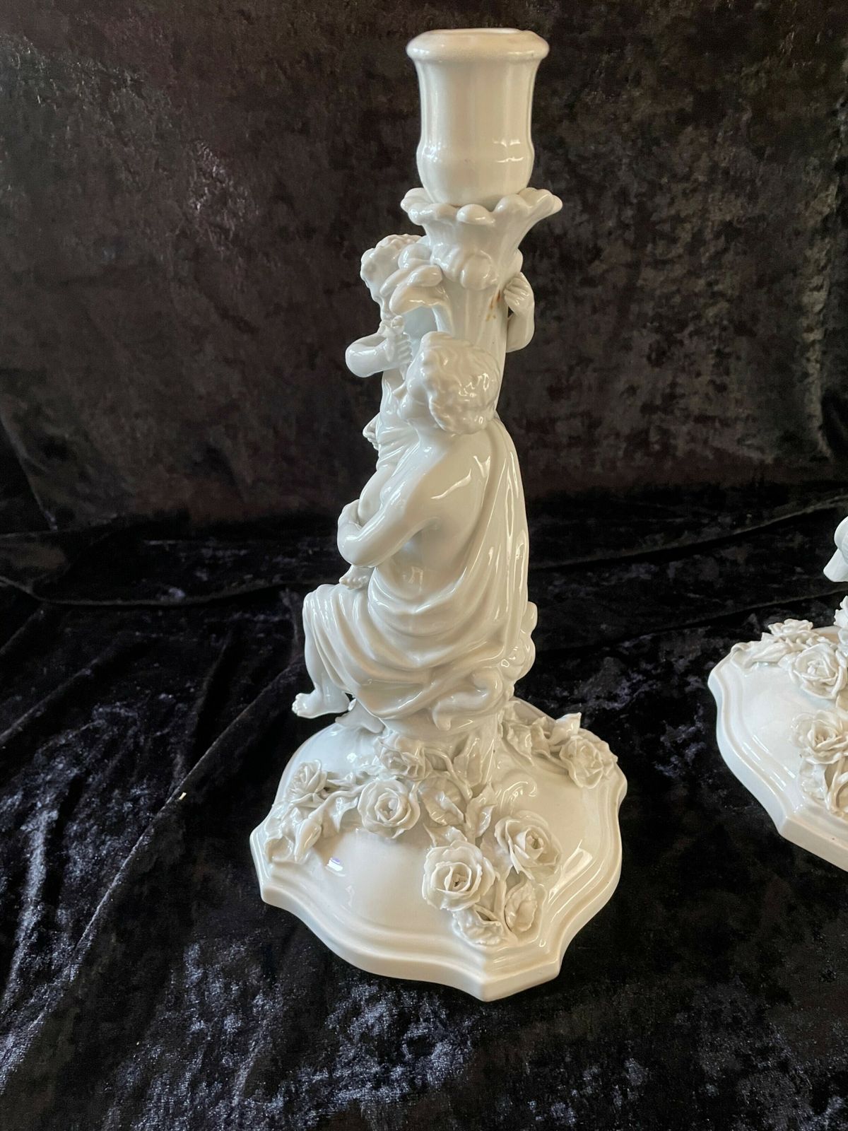 photo for sale Pair Of C19th Blanc De Chine Porcelain Candlesticks By Sitzendorf