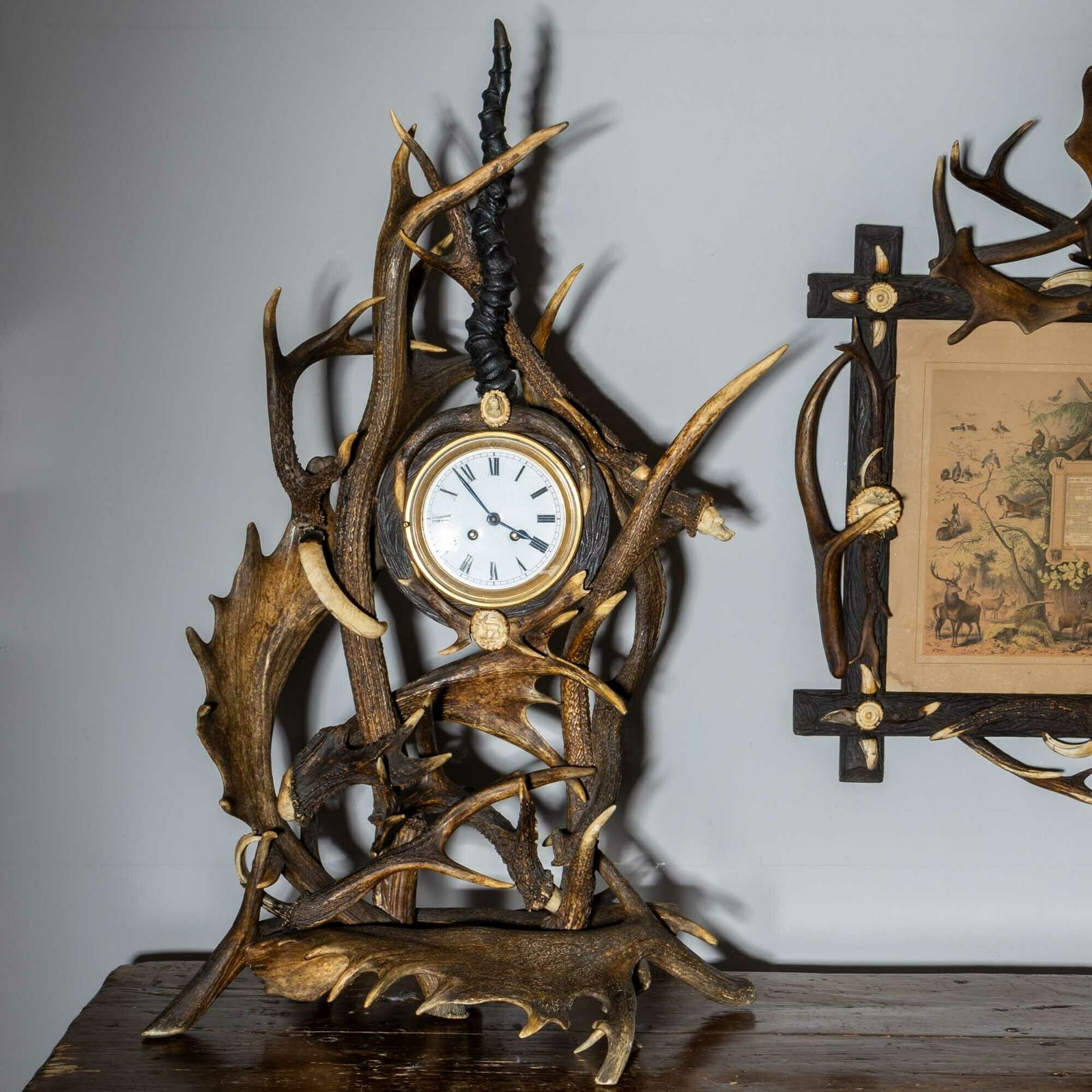 Hunting Table Clock In Antler Case, Germany, Early 20th Century