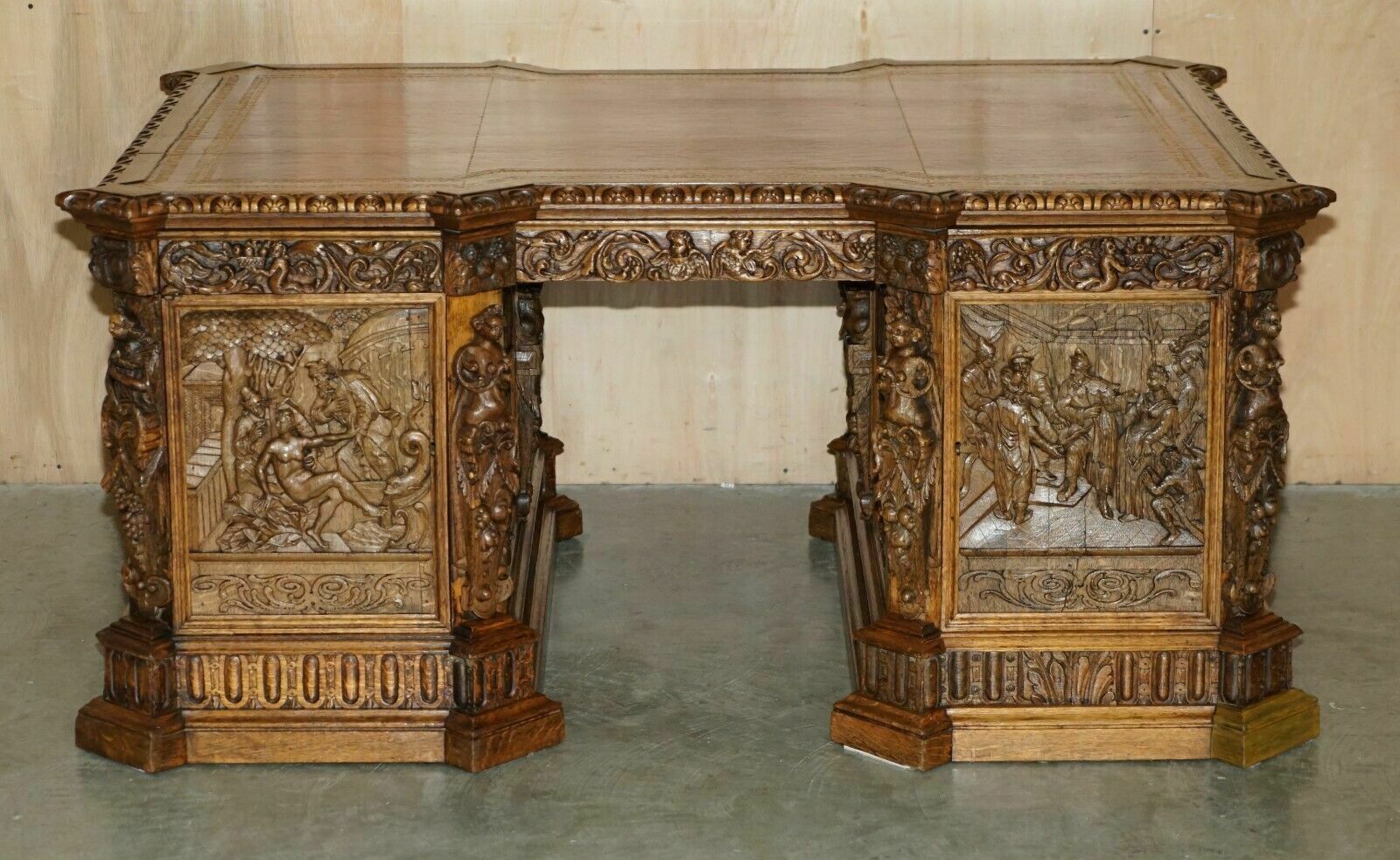 Museum Quality Antique Partner Desk 17th Century Hand Carved Religious Panels photo furniture