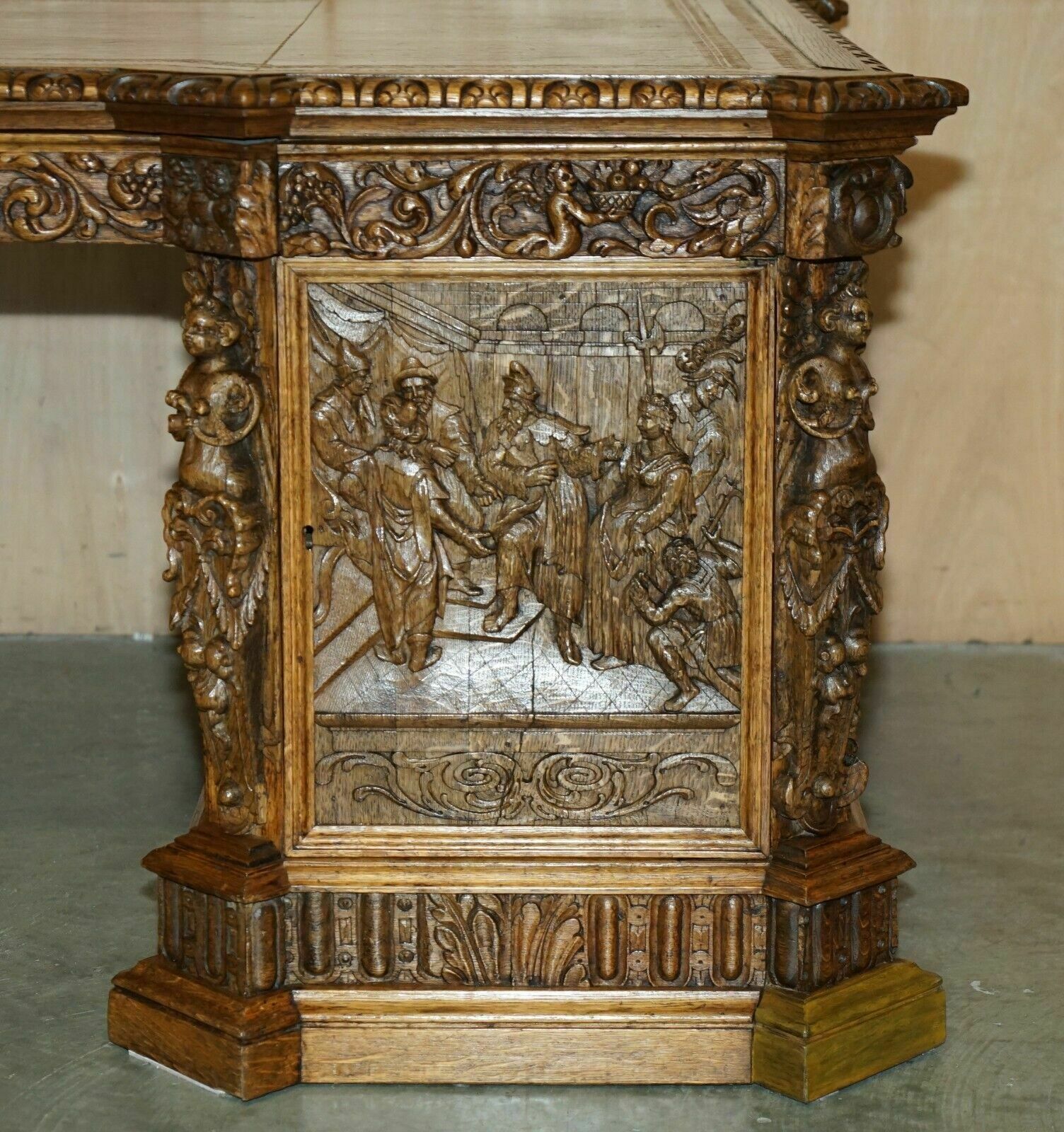 Museum Quality Antique Partner Desk 17th Century Hand Carved Religious Panels photo buy