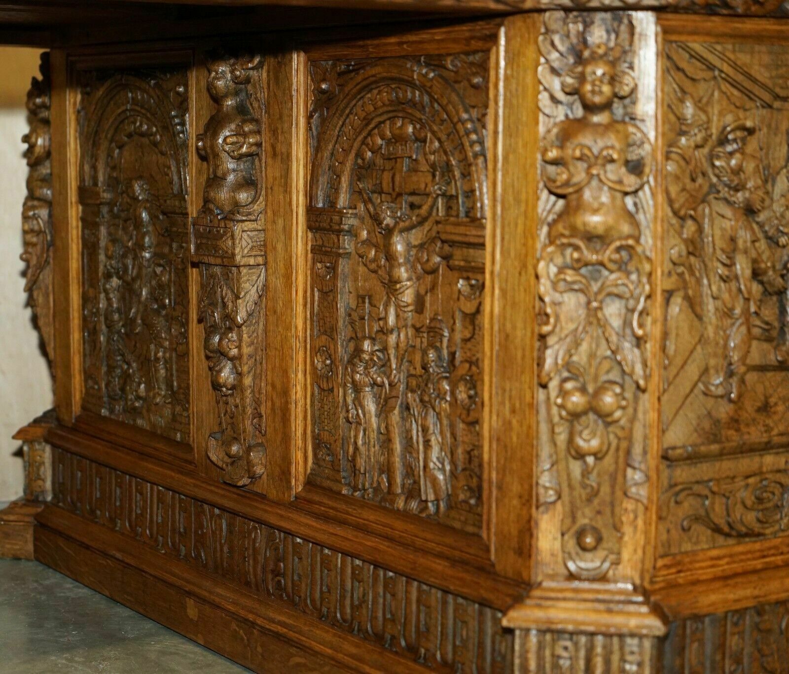 Museum Quality Antique Partner Desk 17th Century Hand Carved Religious Panels photo vintage