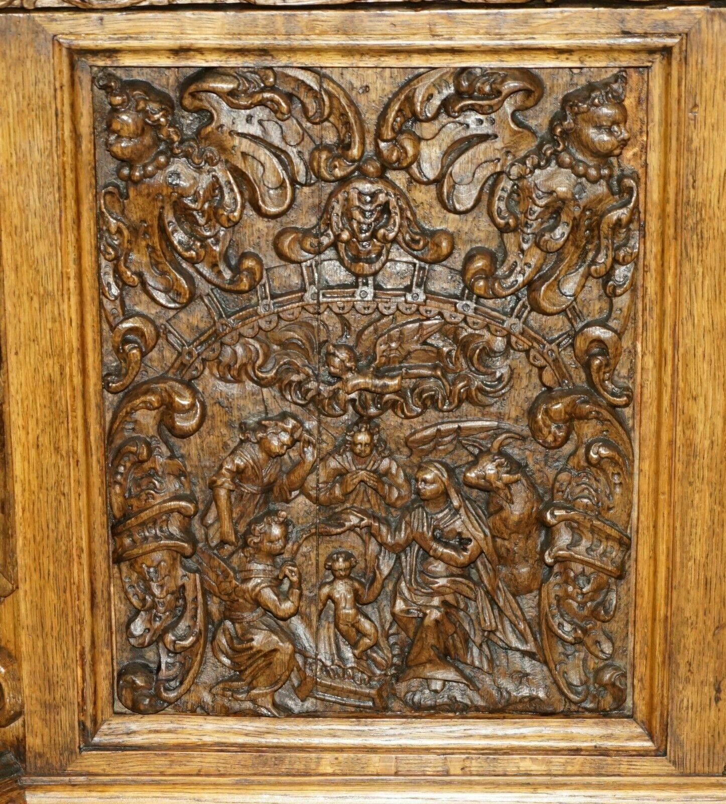 Furniture Museum Quality Antique Partner Desk 17th Century Hand Carved Religious Panels photo
