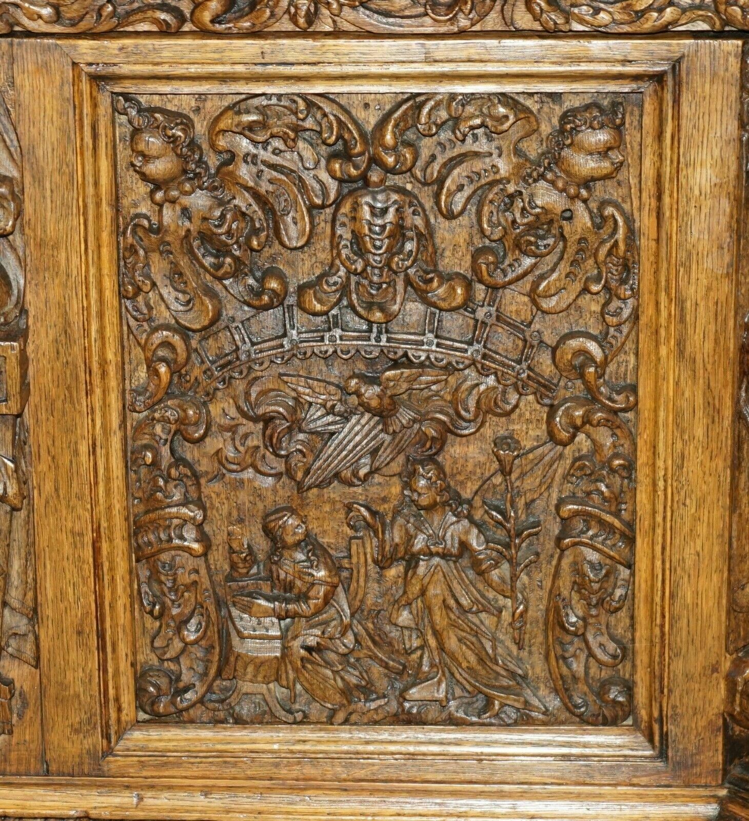 50000.0 Museum Quality Antique Partner Desk 17th Century Hand Carved Religious Panels photo