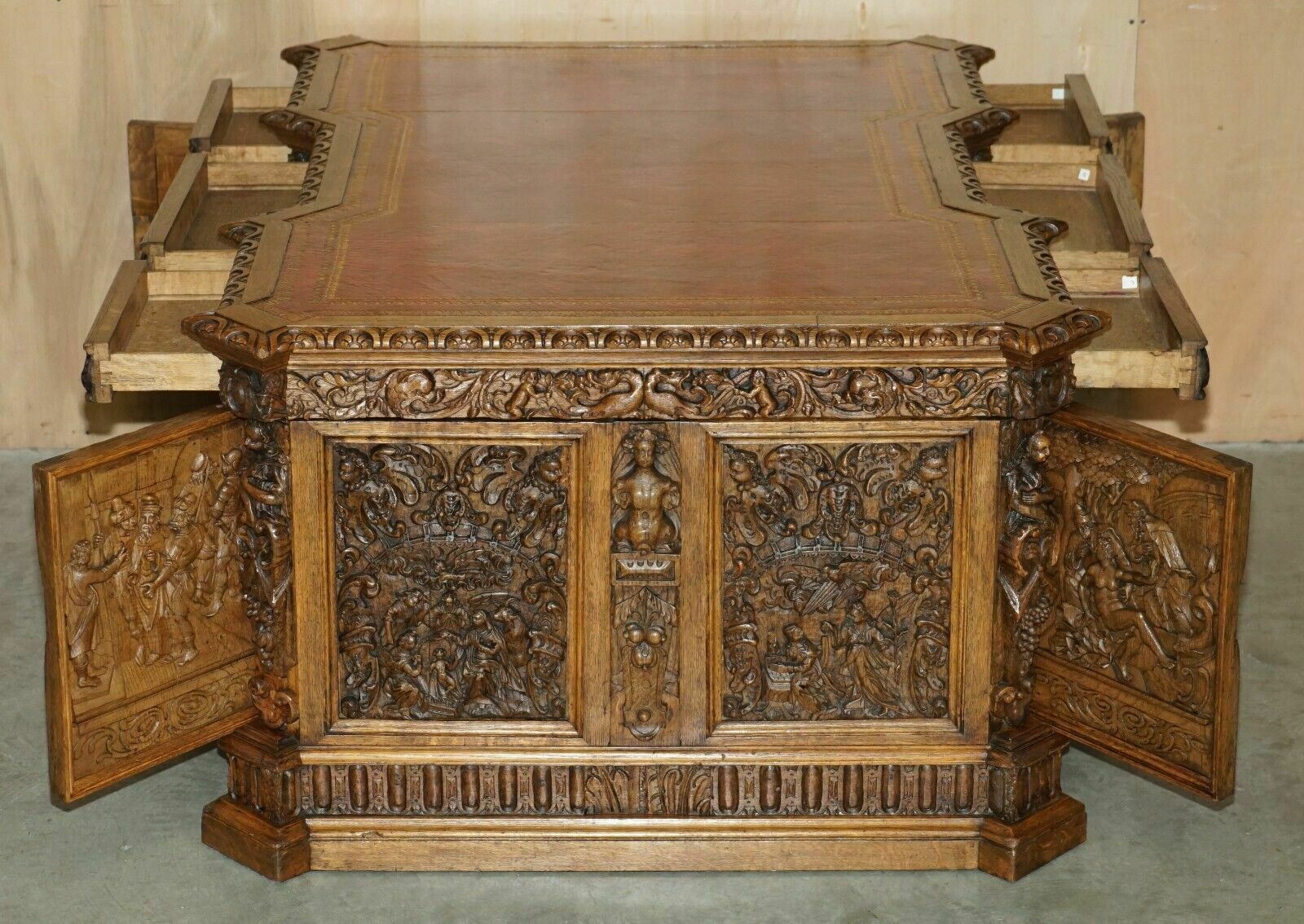 photo vinterior Museum Quality Antique Partner Desk 17th Century Hand Carved Religious Panels