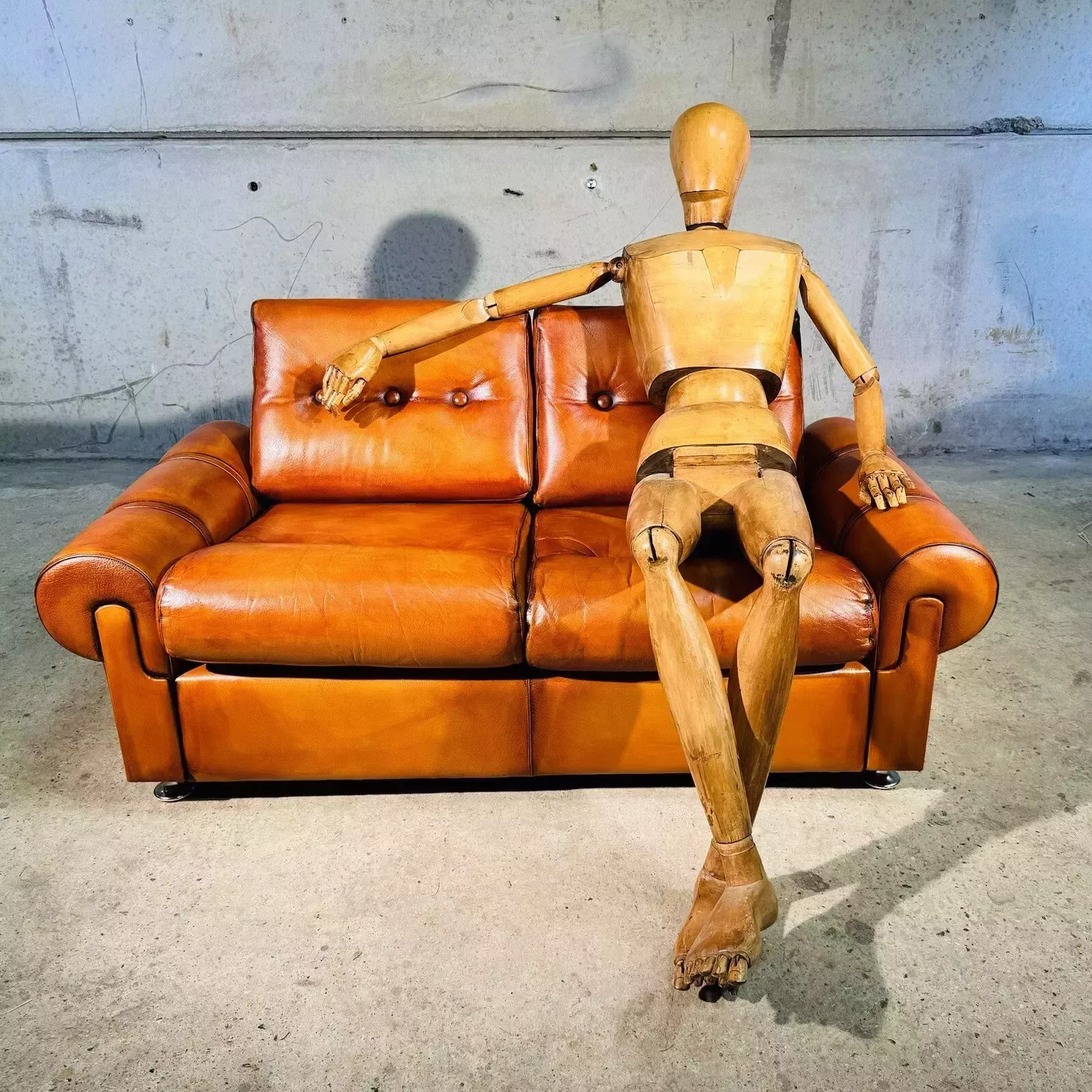 photo for sale Vintage Retrodanish Leather Two Seater Sofa Hand Dyed Tan, Strap Detail #A212