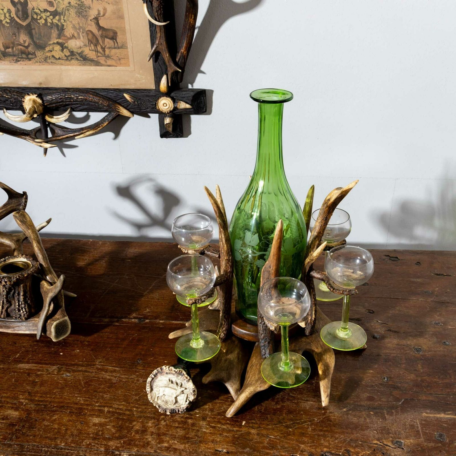 Glass Decanter In A Hunting Bottle Holder, Germany, Early 20th Century photo vinterior