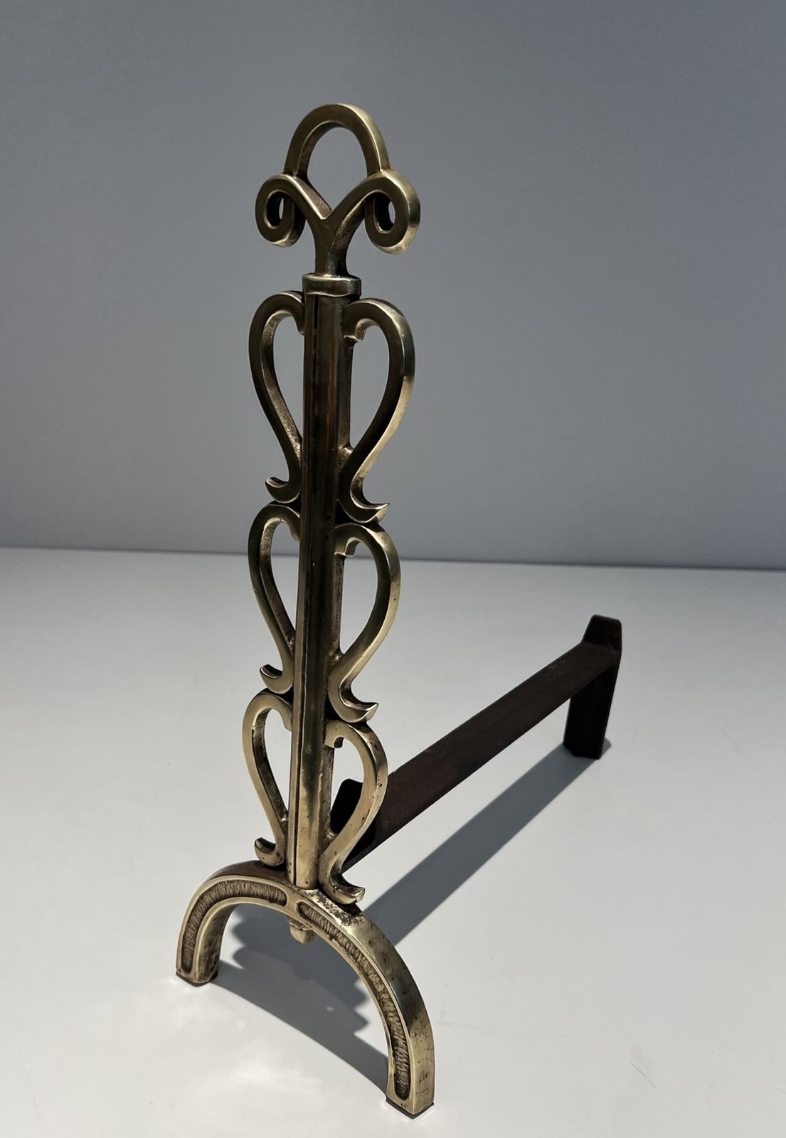 Pair Of Andirons In Brass And Wrought Iron In The Style Of Raymond Subes photo buy