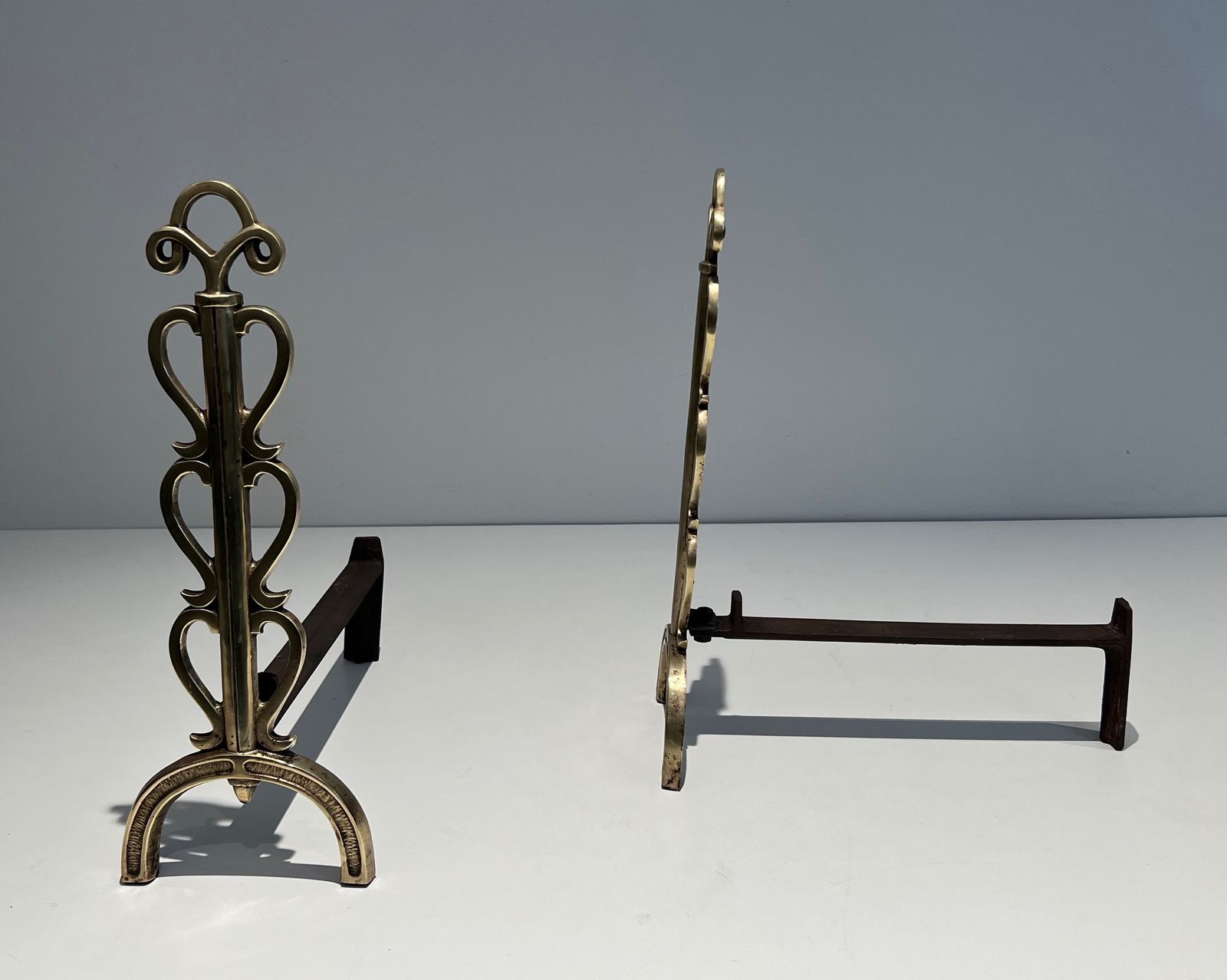photo vinterior Pair Of Andirons In Brass And Wrought Iron In The Style Of Raymond Subes