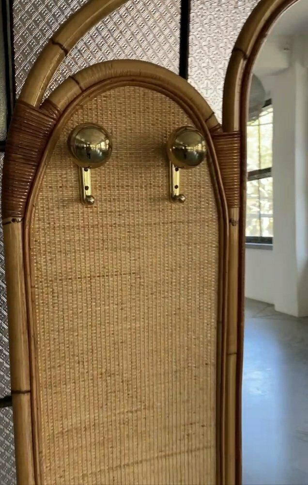 Large Mid Century Modern Italian Rattan Coat Rack With Mirror And Brass Hooks, 1960s photo vinterior