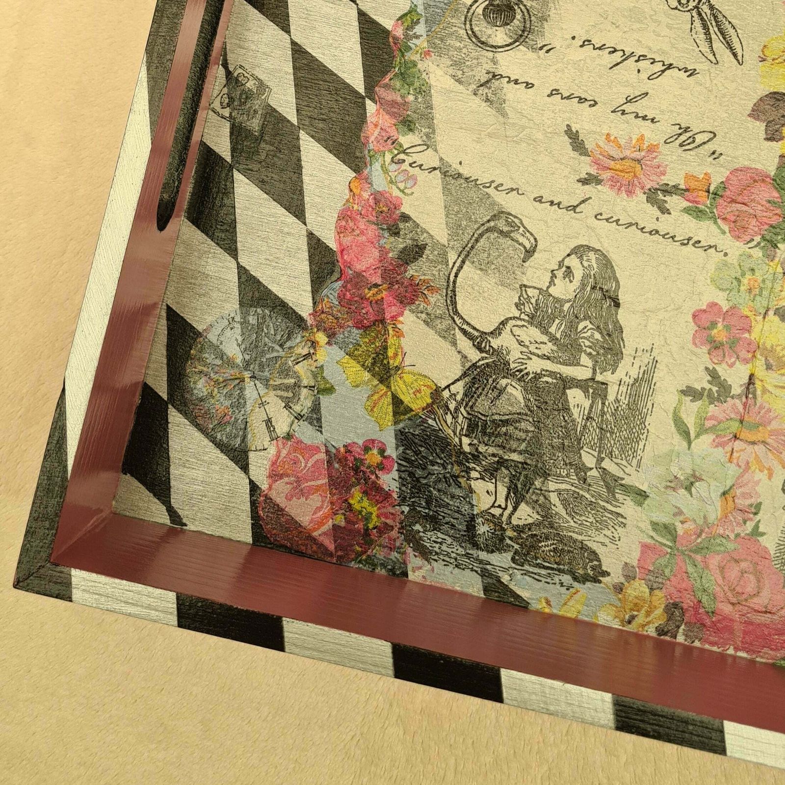Alice In Wonderland Tray With Handles, Handmade Home Decor For Serving Breakfast Tea Cocktails photo vinterior