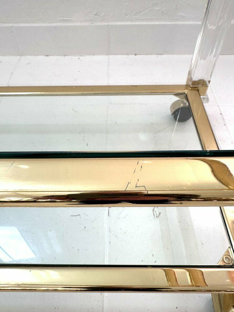 Mid Century Acrylic Three Tier Bar Cart With Brass Details, 1970s photo vintage