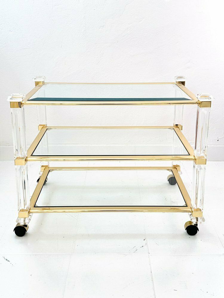 photo furniture Mid Century Acrylic Three Tier Bar Cart With Brass Details, 1970s