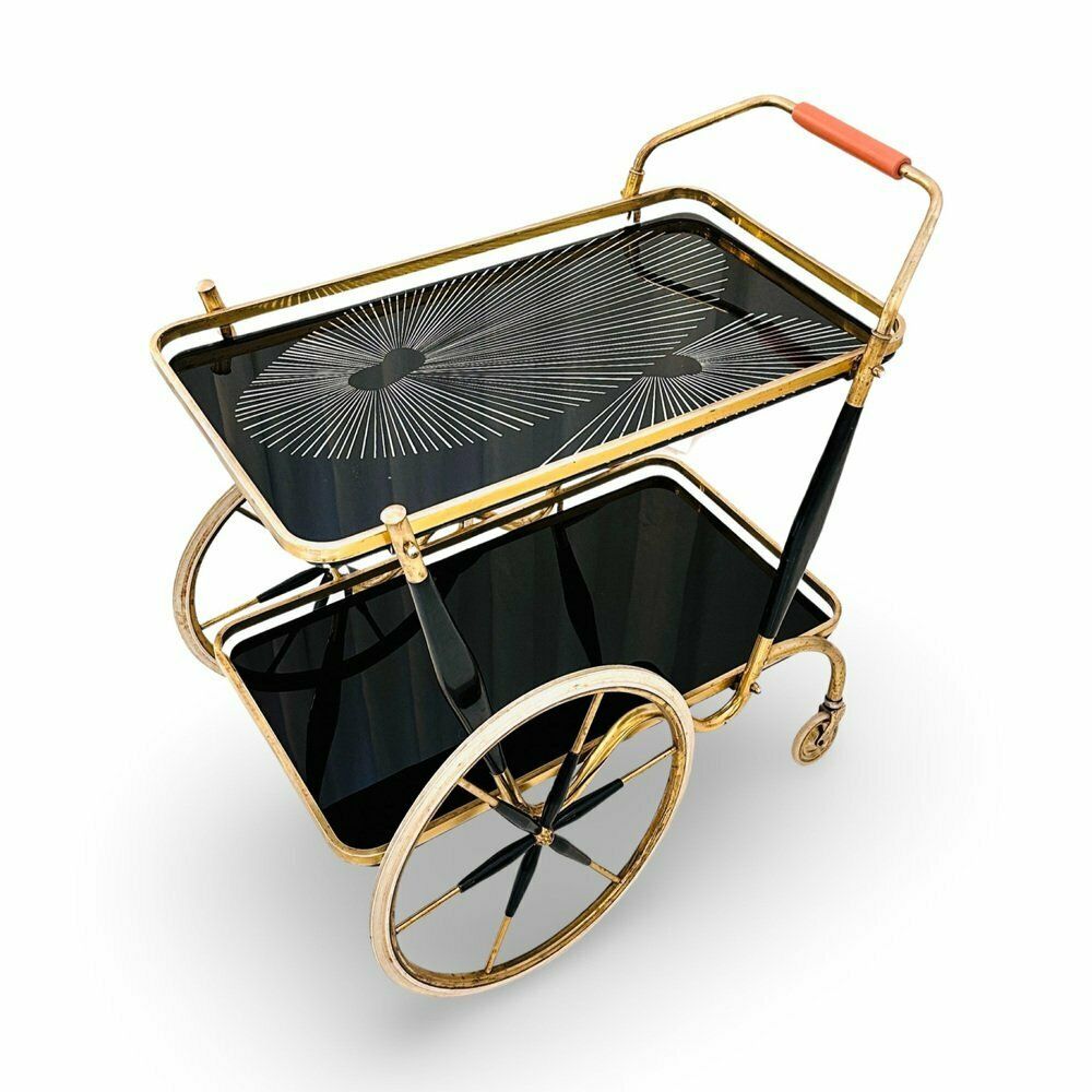 Art Deco Brass And Black Glass Serving Bar Trolley, 1950s