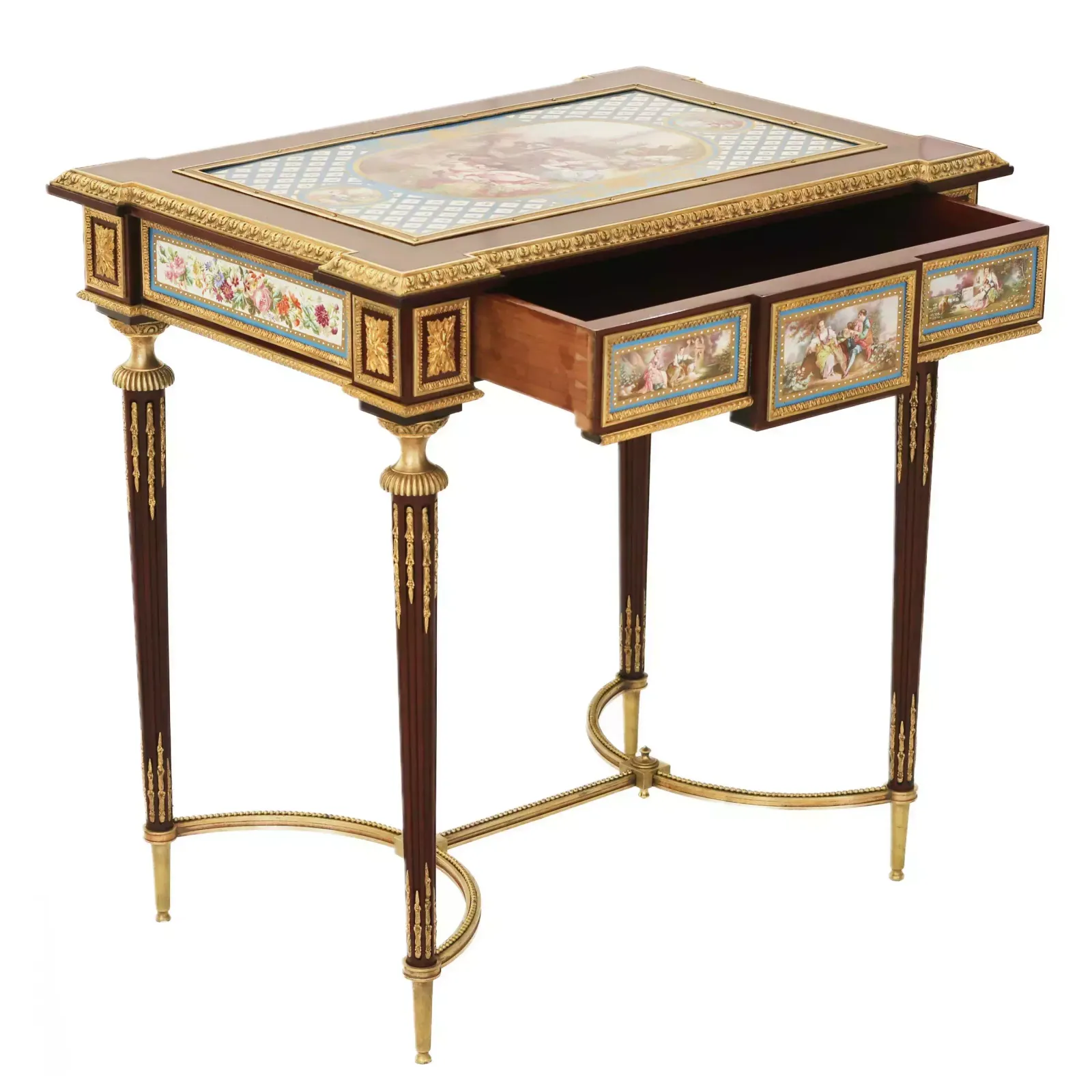 A Magnificent Ladies Table With Gilded Bronze Decor And Porcelain Panels In The Style Of Adam Weisweiler. France. 19th Century photo for sale