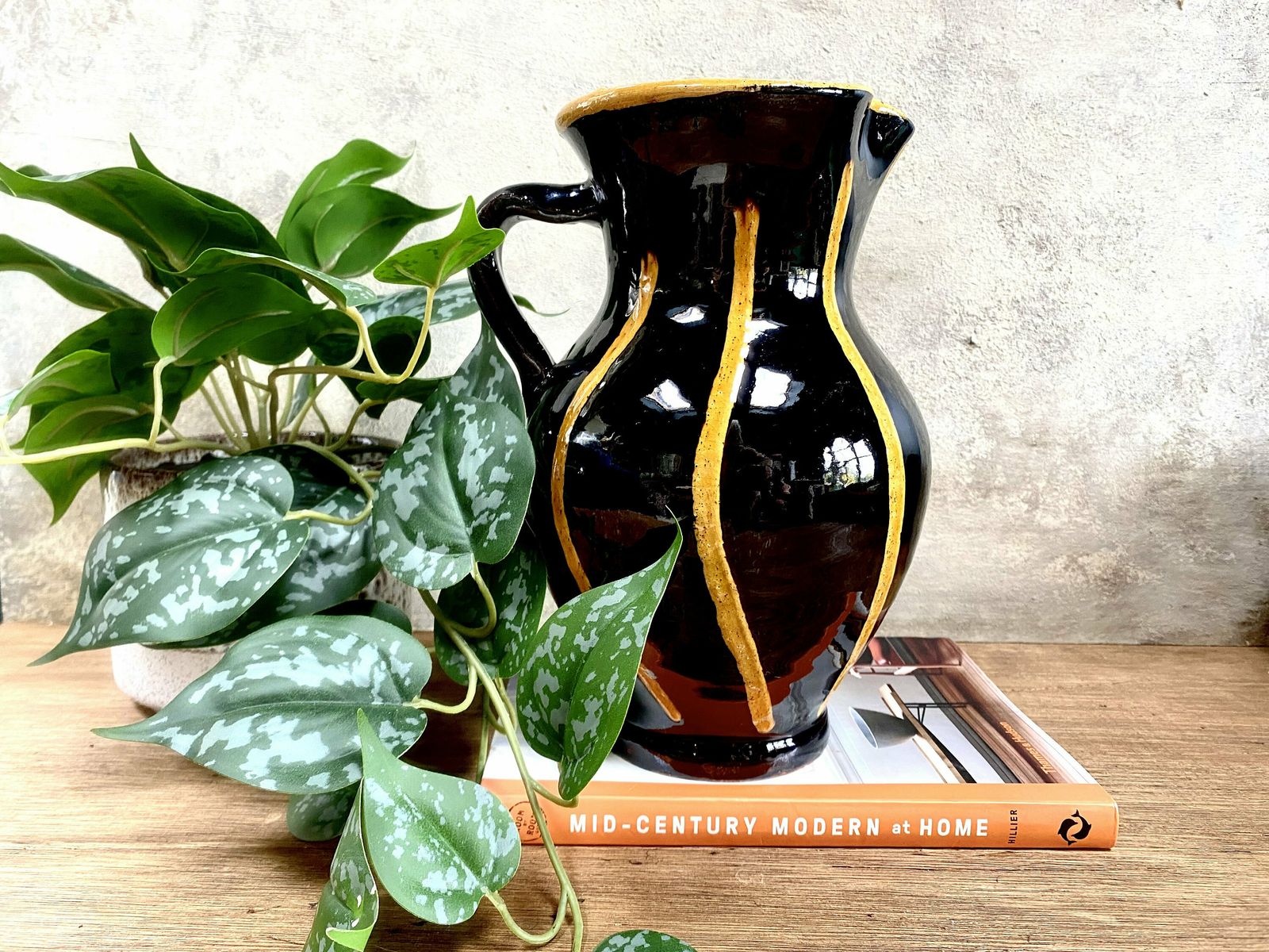 Ceramic Vintage Mustard And Black Hand Painted Vase.