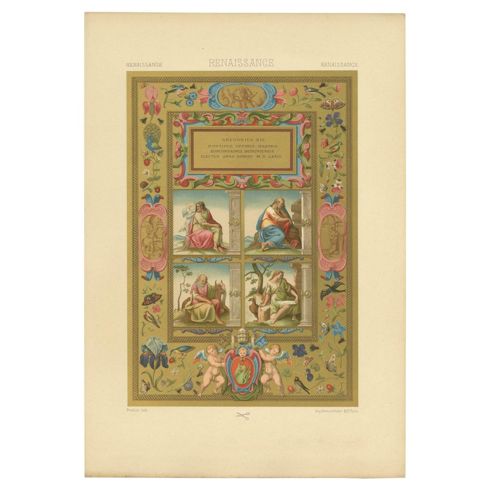 Pl. 61 Antique Print Of Renaissance Ornaments By Racinet, 'Circa 1890'