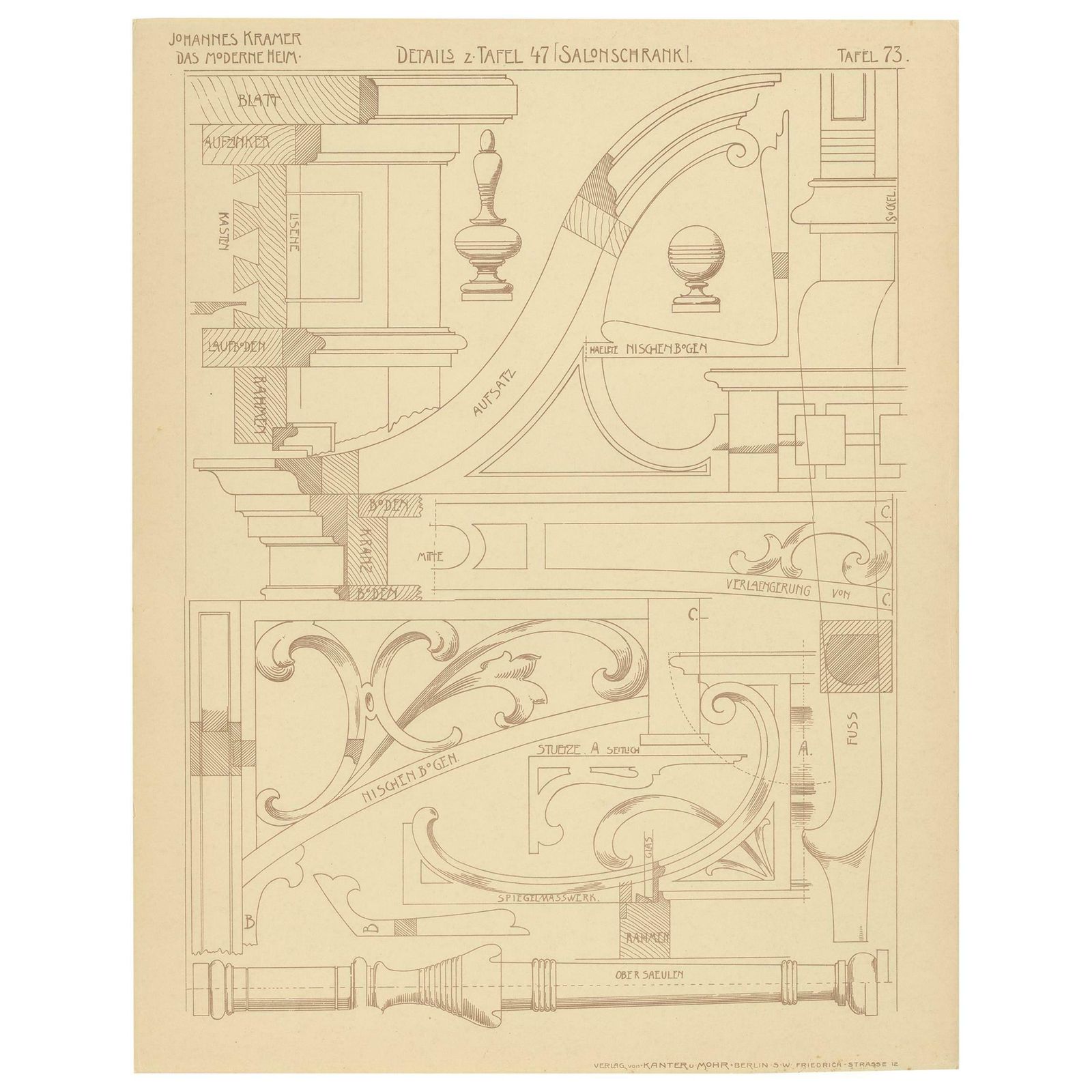 Pl 73 Antique Print Of Furniture Details By Kramer, 'Circa 1910'