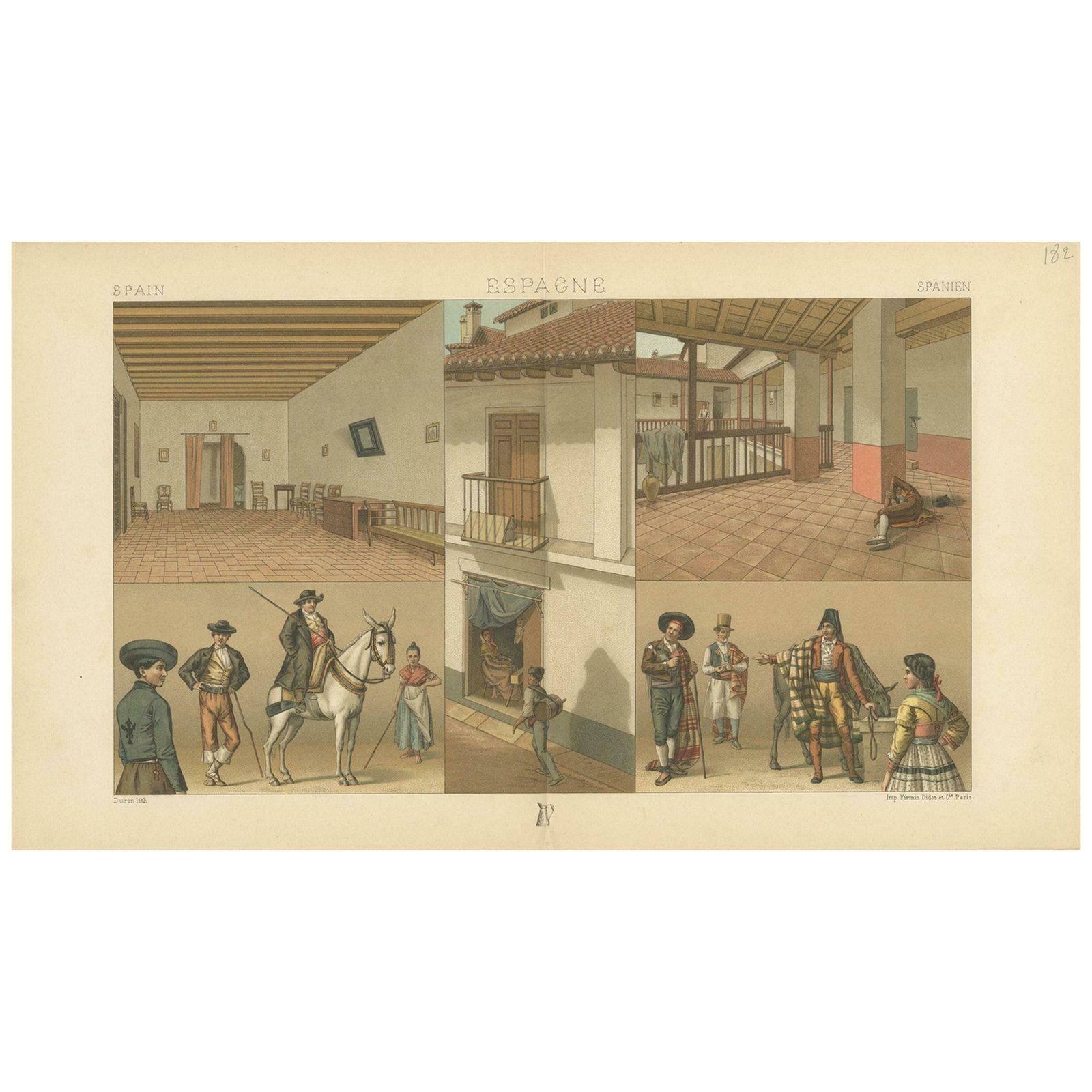 Antique Print Of Spanish Scenes And Interior By Racinet, 'Circa 1880'