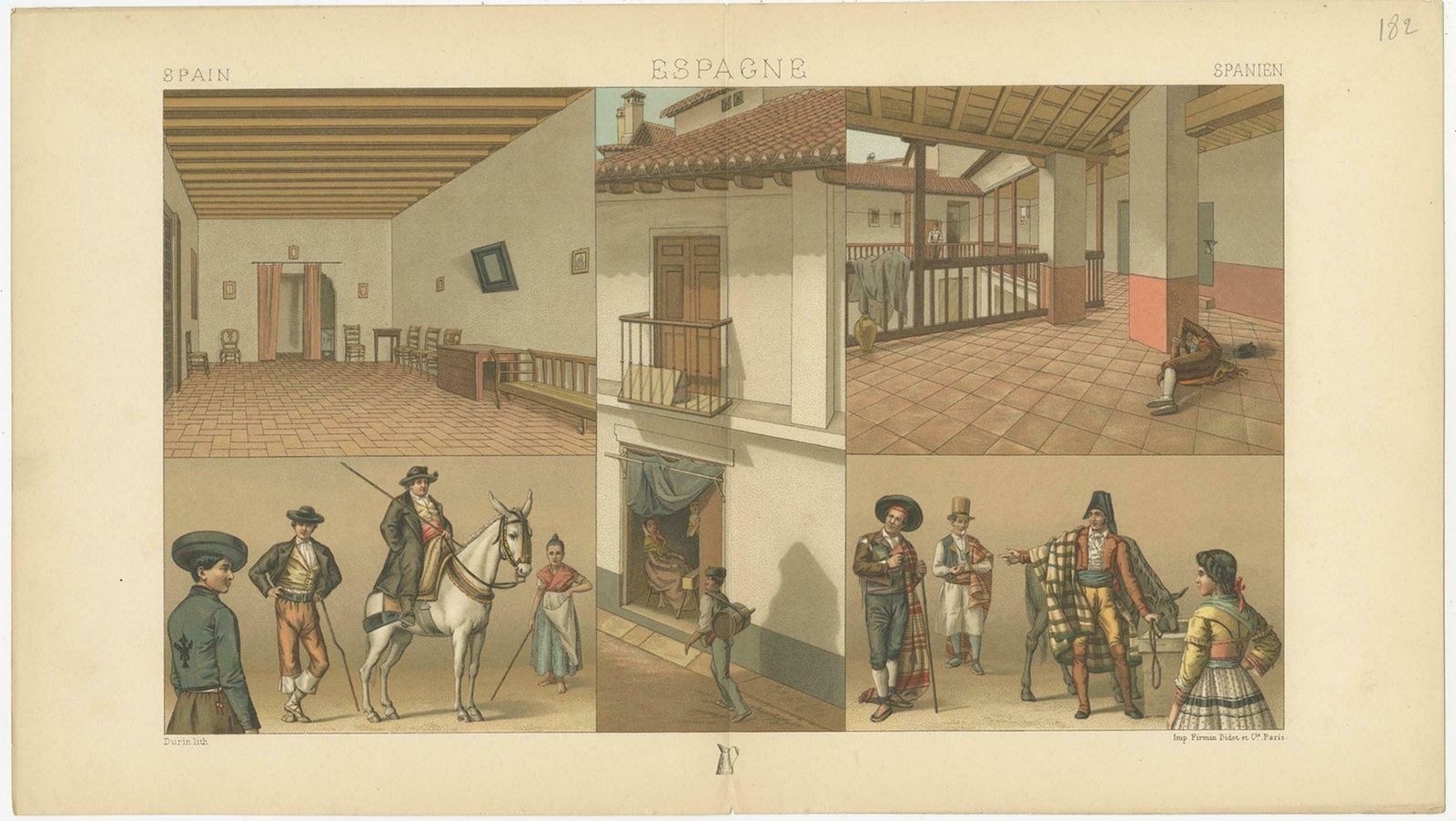 Antique Print Of Spanish Scenes And Interior By Racinet, 'Circa 1880' photo for sale