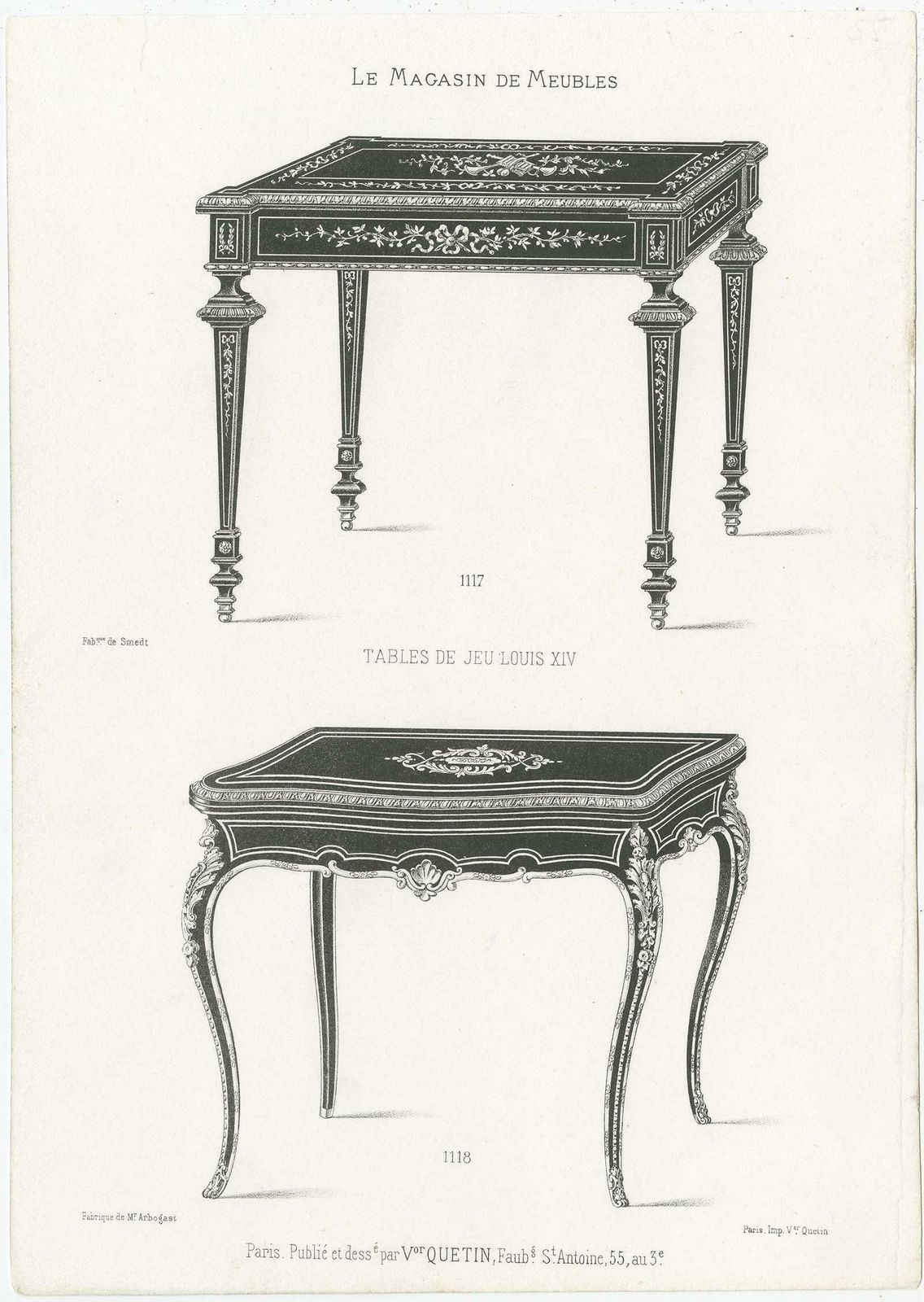 Set Of 2 Antique Furniture Prints Of Game Tables By Quetin, 'Circa 1860' photo furniture