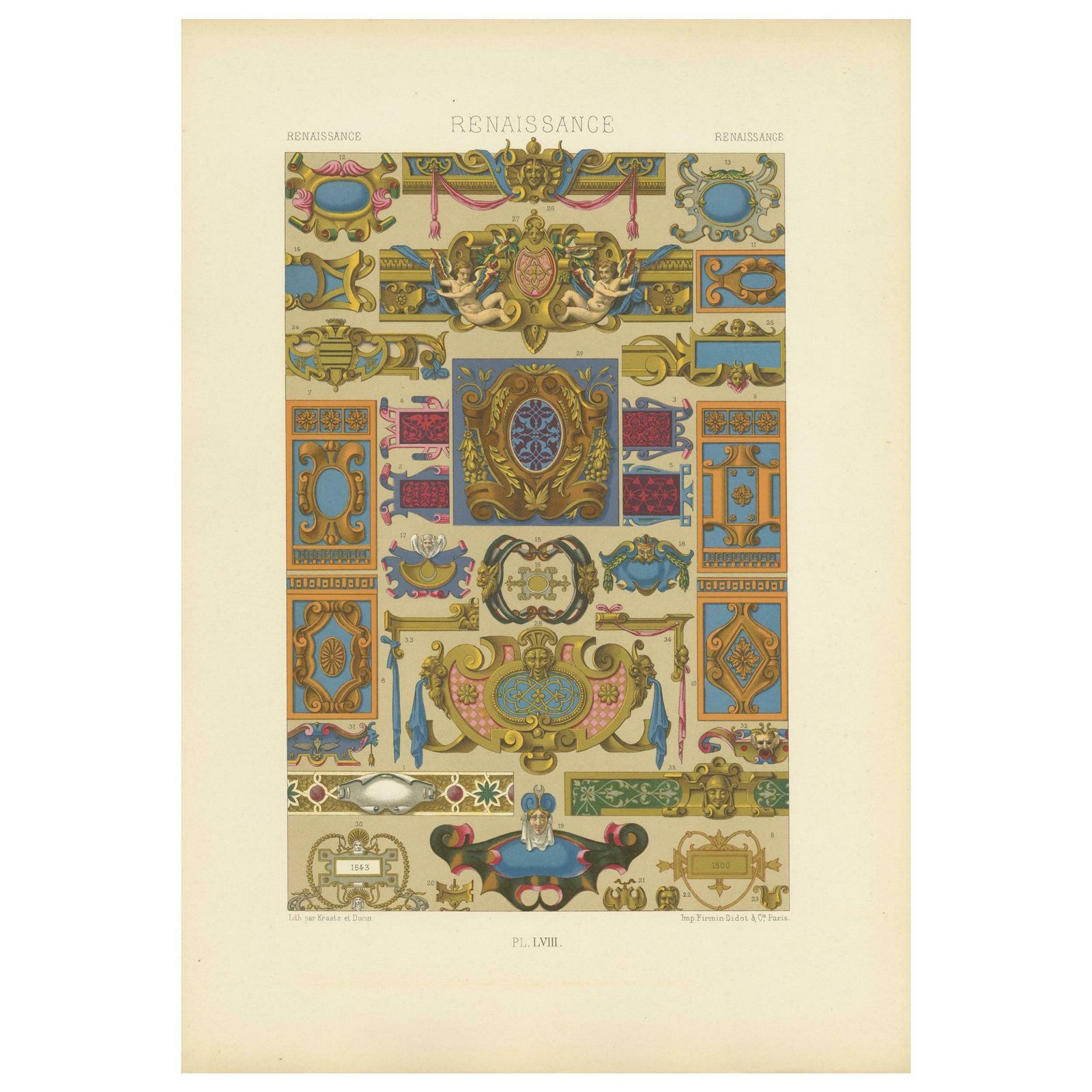 Pl. 58 Antique Print Of Renaissance Ornaments By Racinet (C.1890)