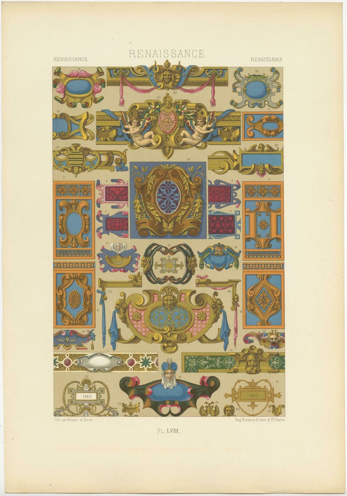 Pl. 58 Antique Print Of Renaissance Ornaments By Racinet (C.1890) photo for sale